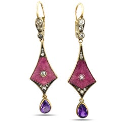 Imperial Russian 56k Yellow Gold, Enamel, Amethyst Diamond Earrings