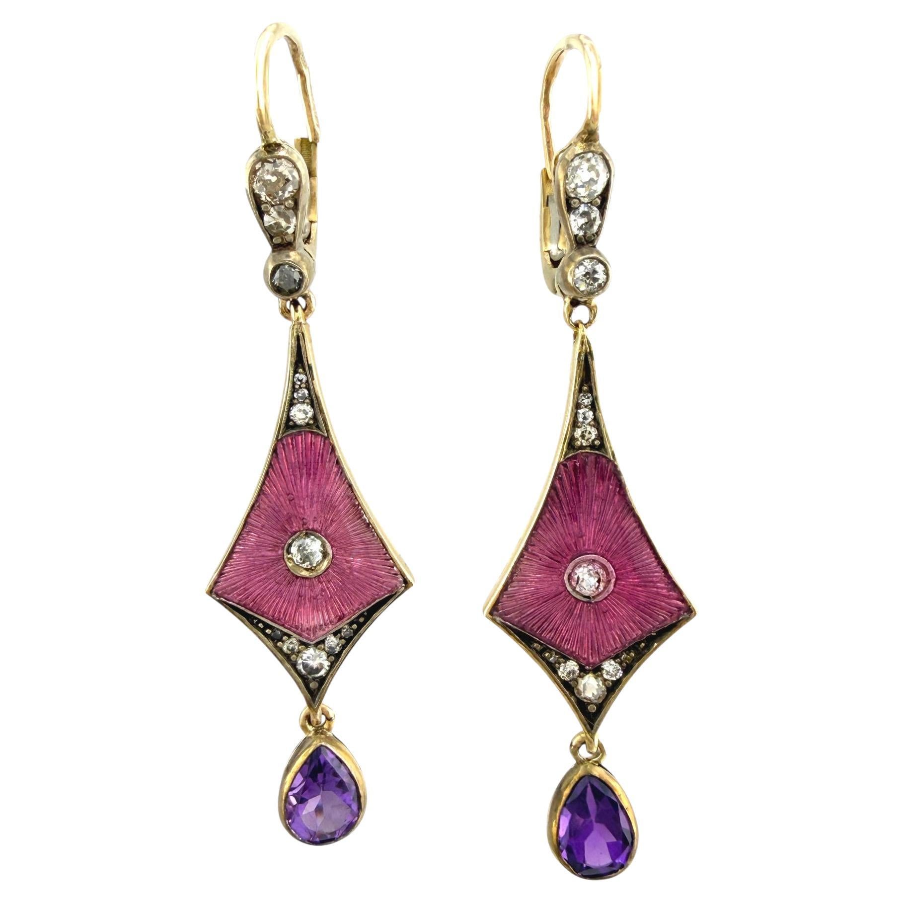 Imperial Russian 56k Gelbgold, Emaille, Amethyst-Diamant-Ohrringe