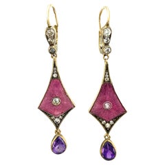 Imperial Russian 56k Yellow Gold, Enamel, Amethyst Diamond Earrings