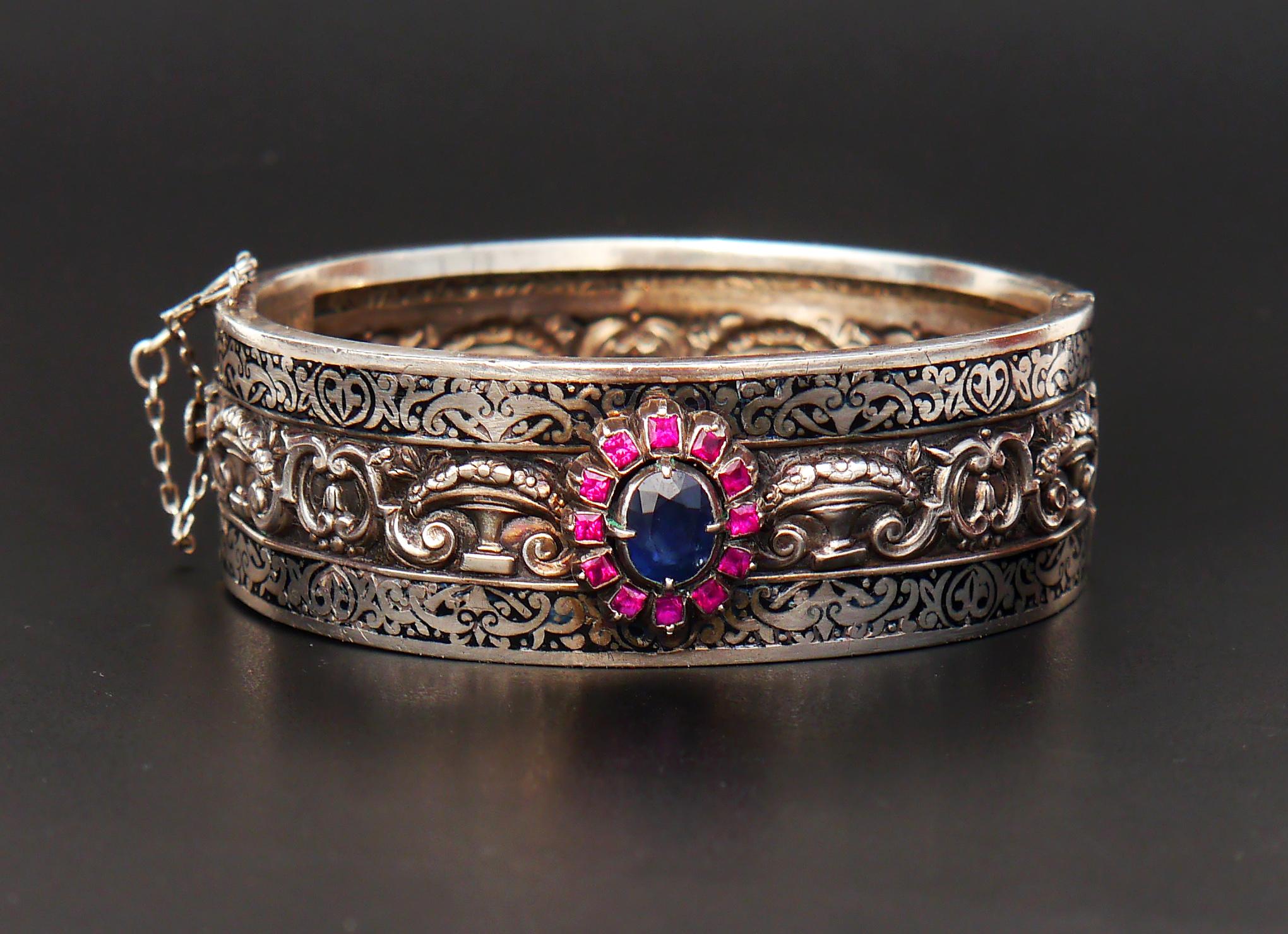 Imperial Russian 84 Silver Bangle Bracelet natural 2ct Sapphire Ruby Enamel/34gr For Sale 6