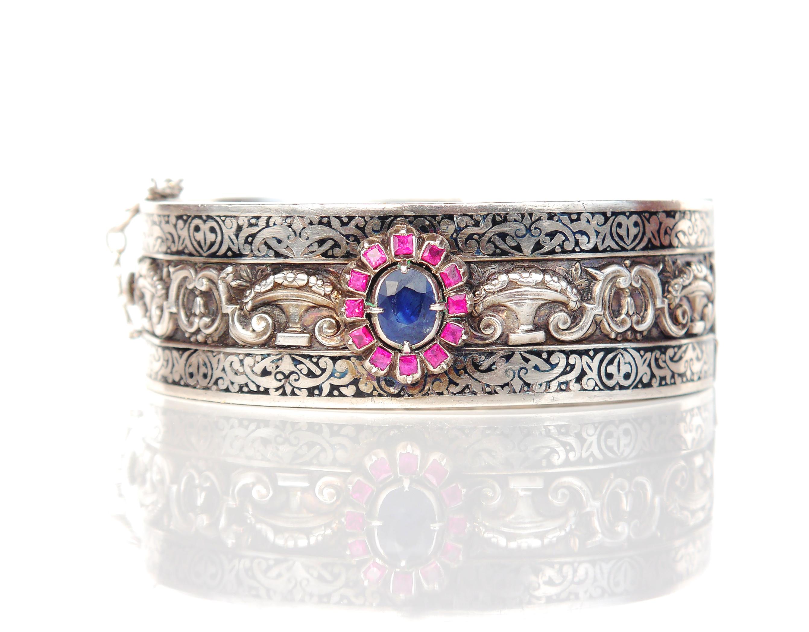 Art Nouveau Imperial Russian 84 Silver Bangle Bracelet natural 2ct Sapphire Ruby Enamel/34gr For Sale