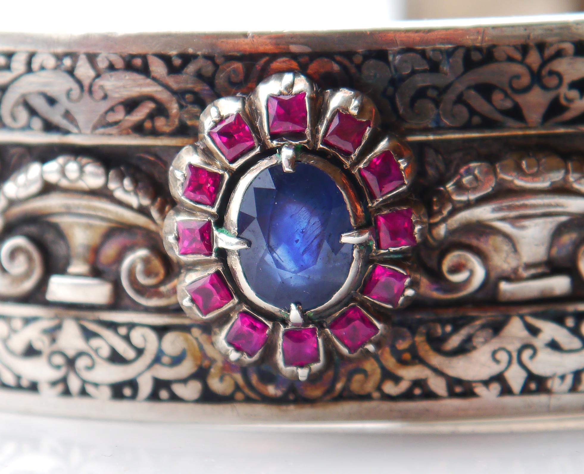 Old European Cut Imperial Russian 84 Silver Bangle Bracelet natural 2ct Sapphire Ruby Enamel/34gr For Sale