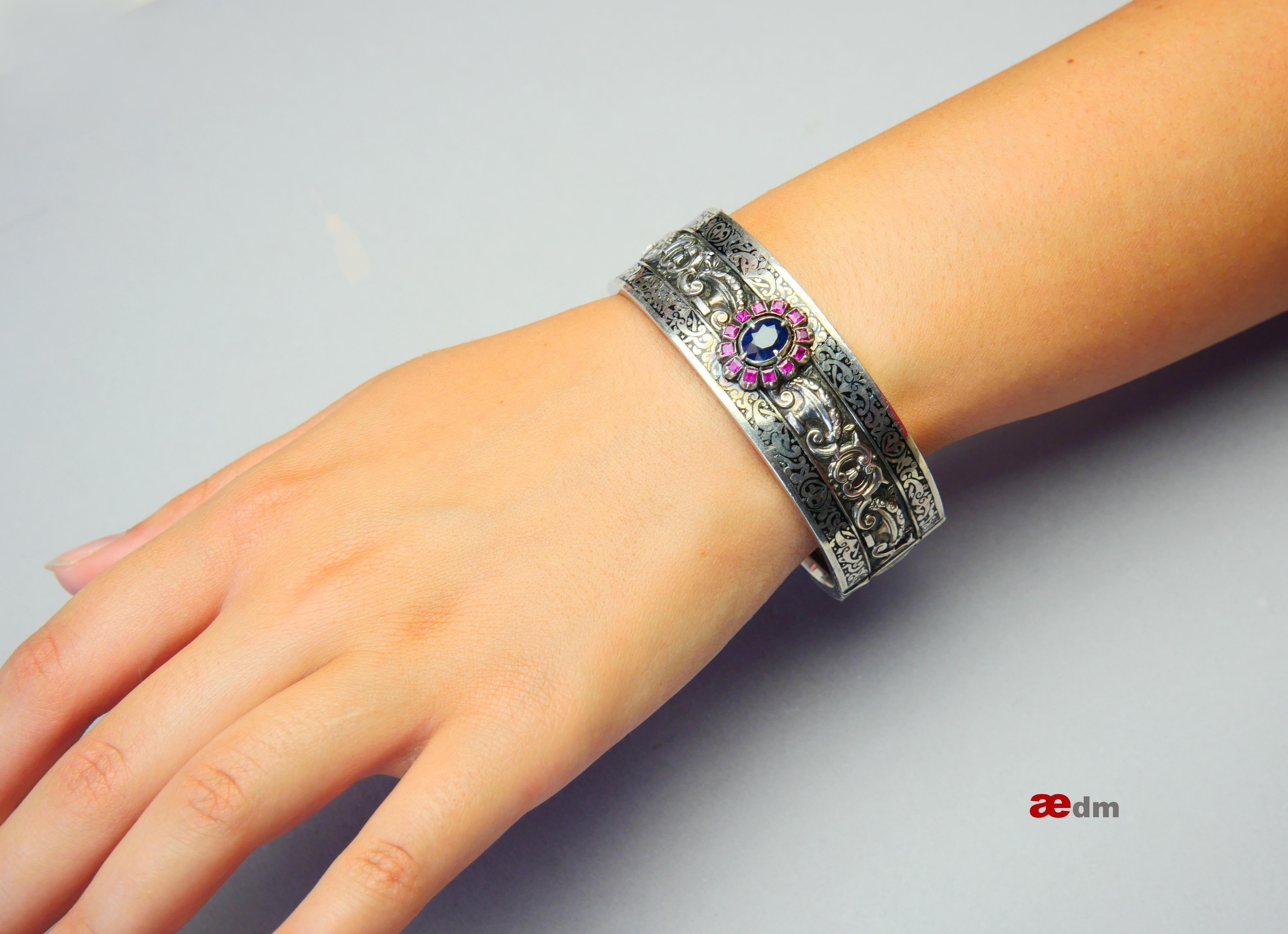 Imperial Russian 84 Silver Bangle Bracelet natural 2ct Sapphire Ruby Enamel/34gr For Sale 4