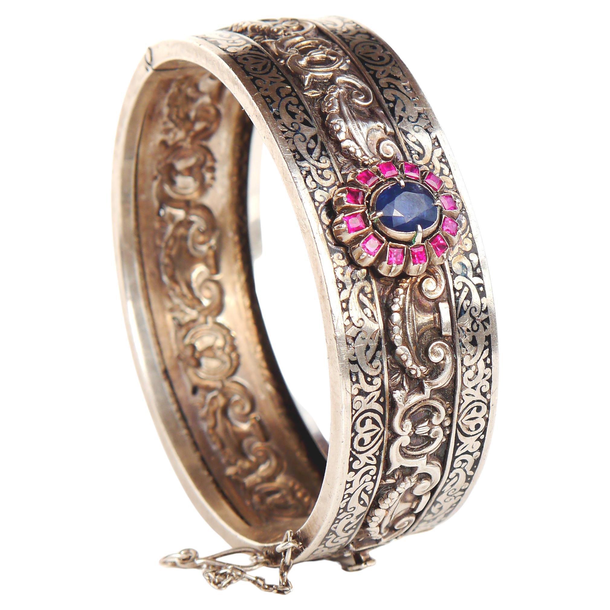 Imperial Russian 84 Silver Bangle Bracelet natural 2ct Sapphire Ruby Enamel/34gr For Sale