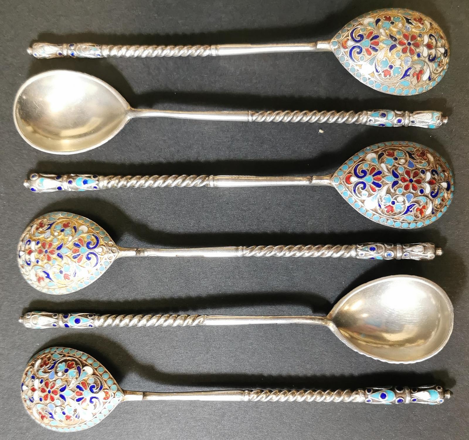 Set six Imperial Russian .84 silver cloisonné enamel spoons, with Russian hallmarks by Gustav Klingert (1865-1916)
One bowl has chipped enamel about 1 mm long, on some of the crown of the spoons there are cracks and three panels are