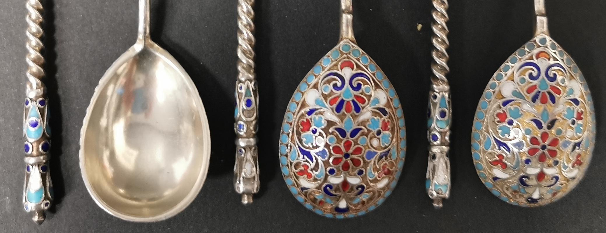 Hand-Crafted Imperial Russian .84 Silver Cloisonné Enamel Spoons For Sale