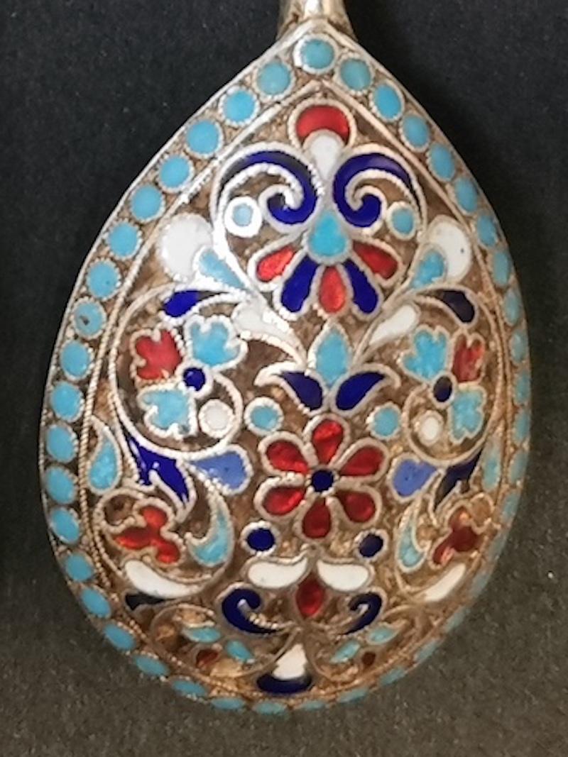 Imperial Russian .84 Silver Cloisonné Enamel Spoons In Good Condition For Sale In Paradise Point, Queensland