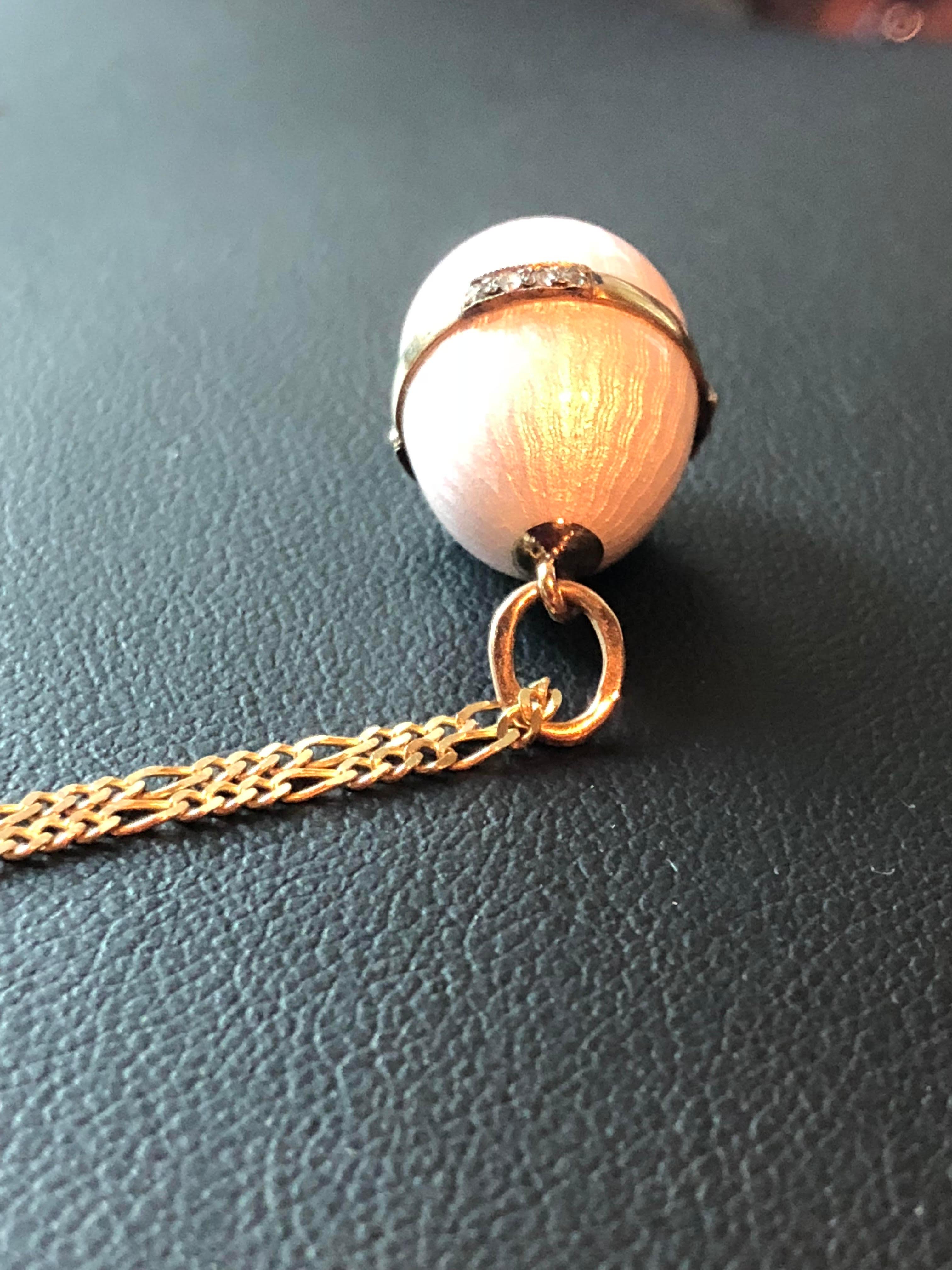 Imperial Russian Andrew Anacov Guilloche 14 Karat Egg Pendent with Diamonds In Excellent Condition For Sale In Houston, TX