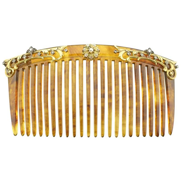 Imperial Russian Antique Fabergé Diamond-Set Gold Tortoise Shell Hair Comb