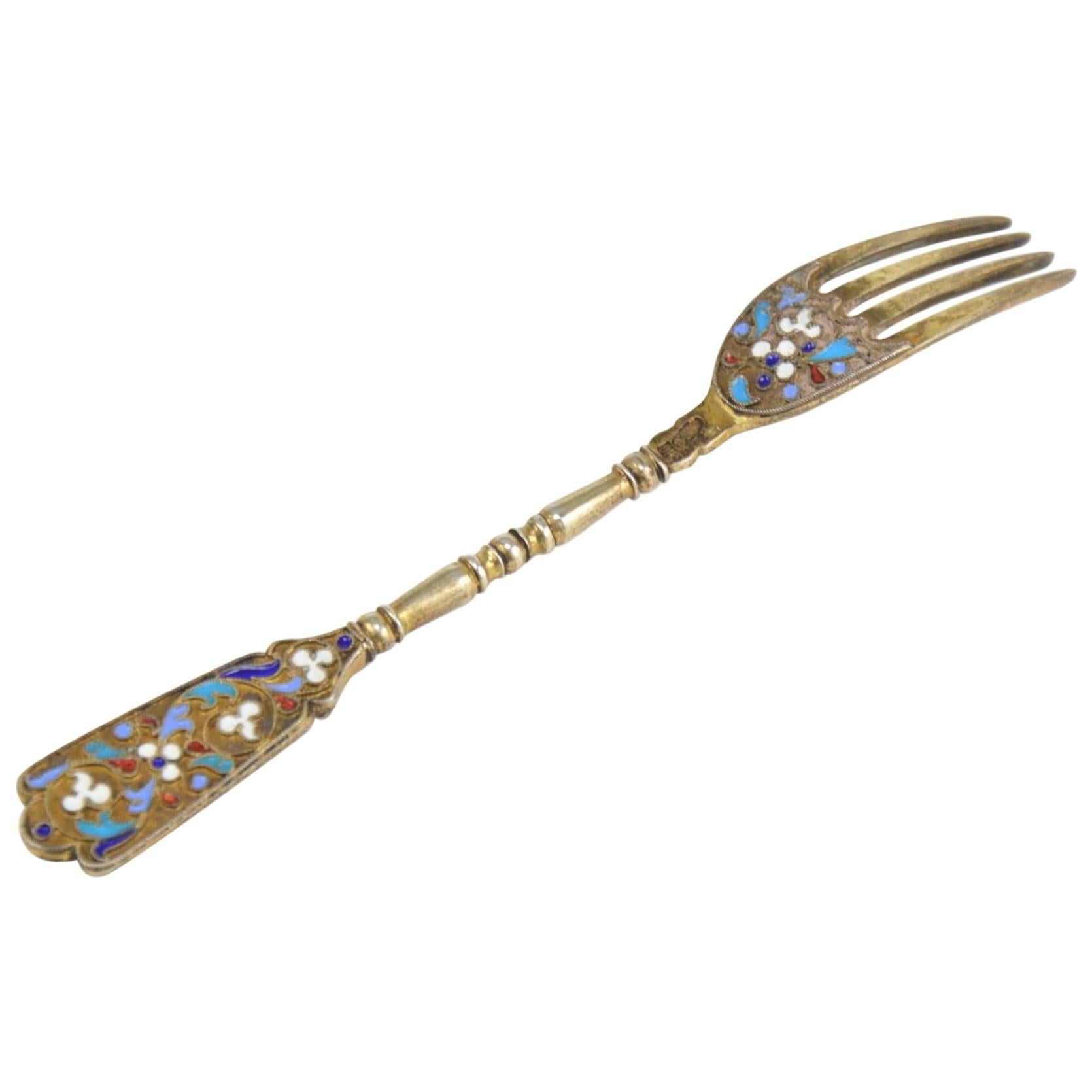 Imperial Russian Cloisonné Enamel and Gilt Silver Fork Moscow, 19th Century For Sale
