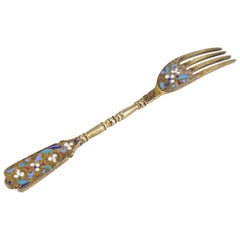 Antique Imperial Russian Cloisonné Enamel and Gilt Silver Fork Moscow, 19th Century