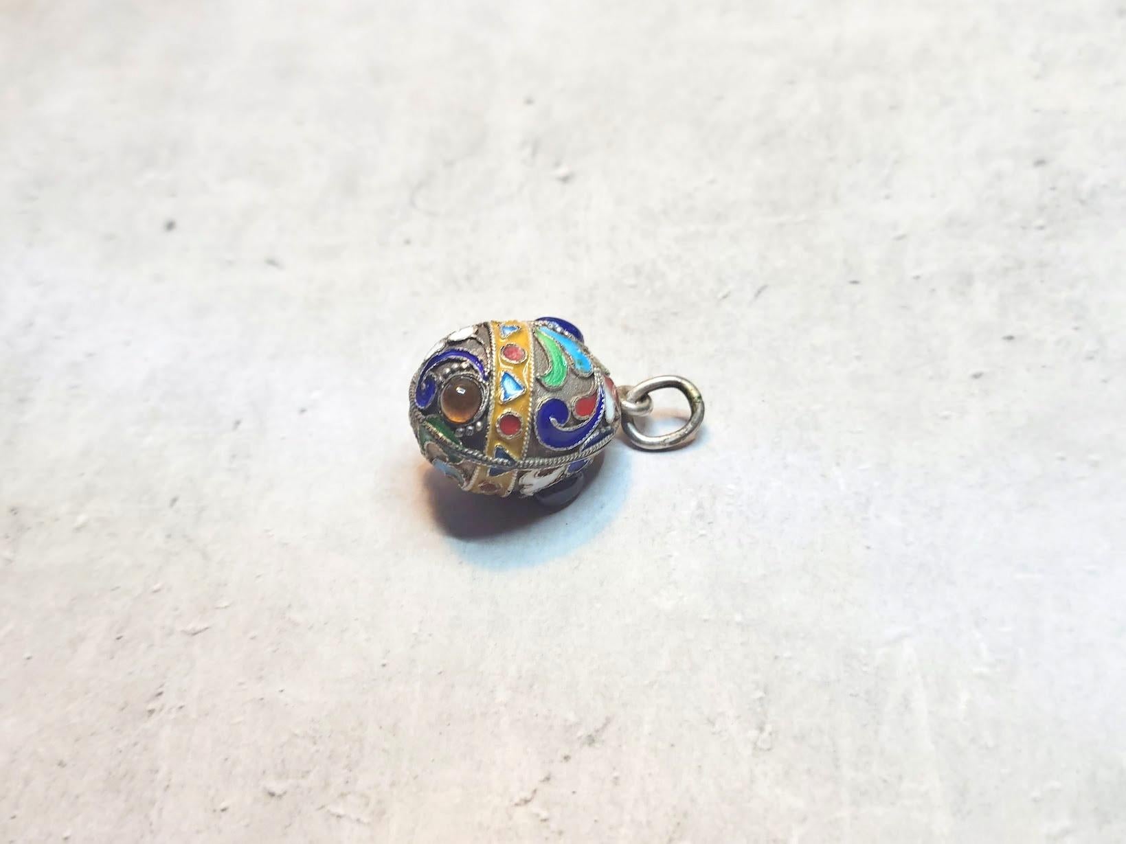 Cabochon Imperial Russian Cloisonne Enamel Egg Pendant with Semi Precious Gemstones
