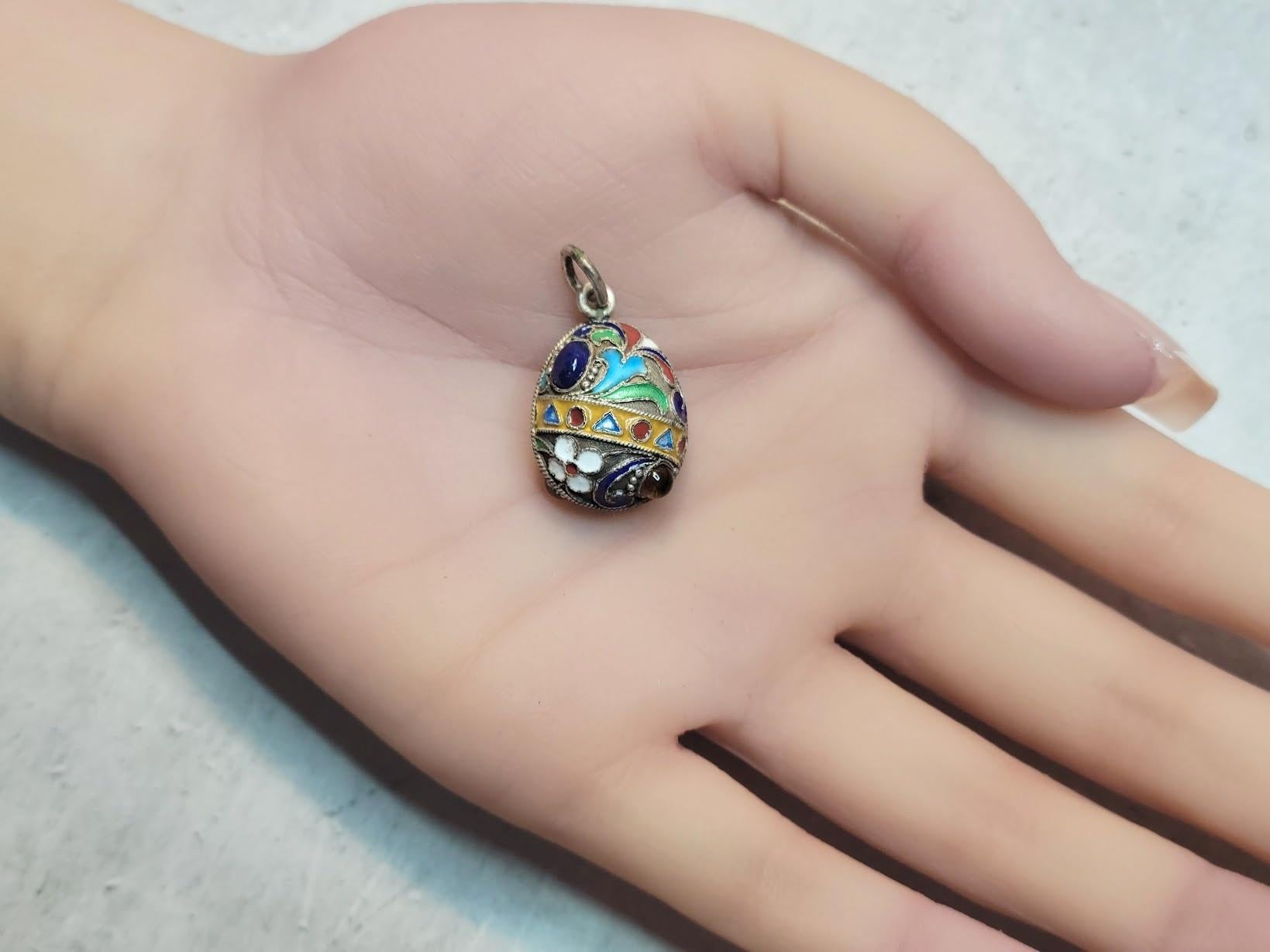 Women's or Men's Imperial Russian Cloisonne Enamel Egg Pendant with Semi Precious Gemstones