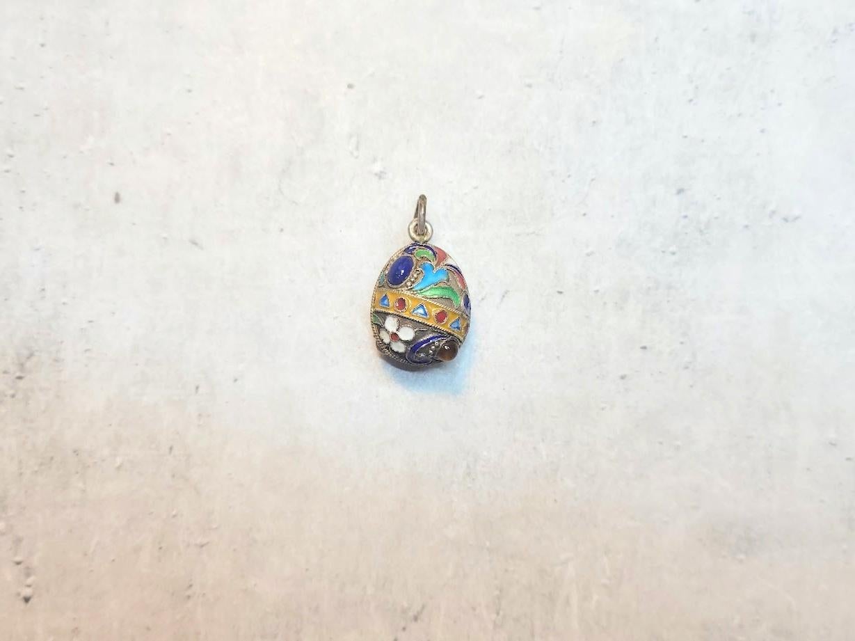 Imperial Russian Cloisonne Enamel Egg Pendant with Semi Precious Gemstones 1