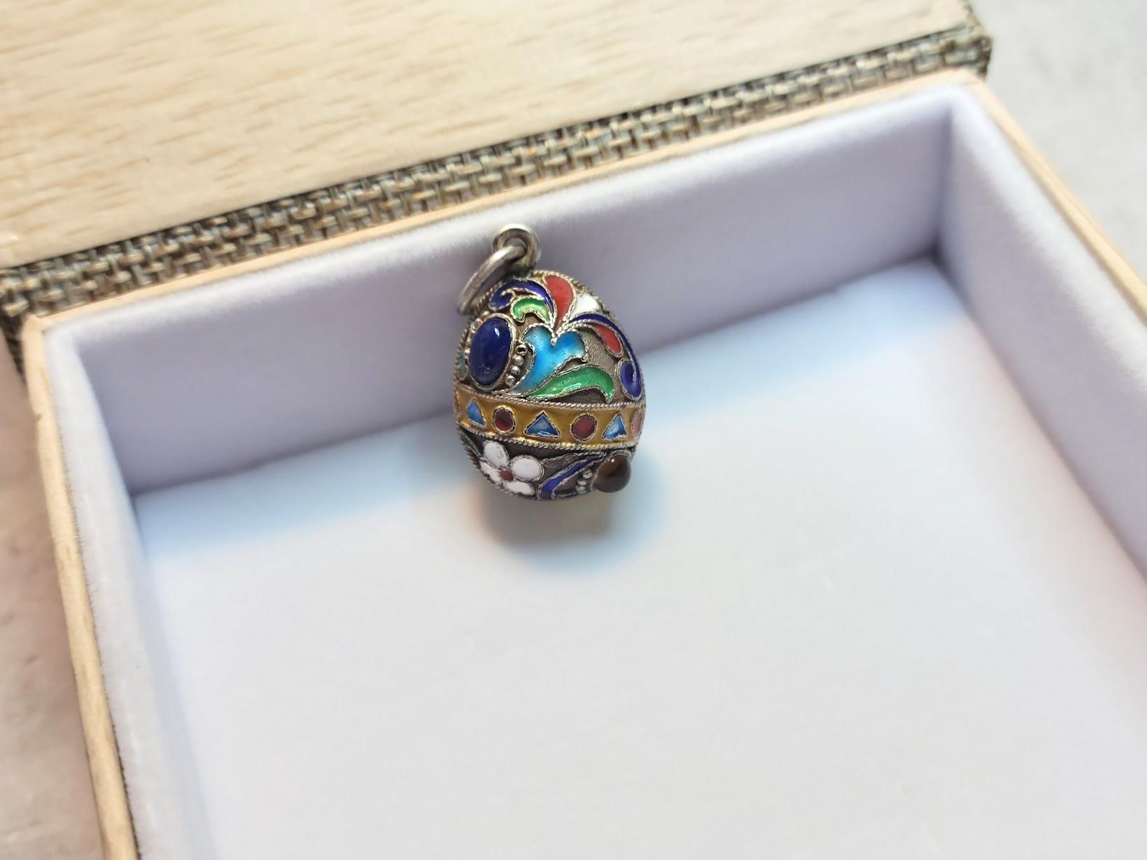 Imperial Russian Cloisonne Enamel Egg Pendant with Semi Precious Gemstones 2