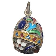 Antique Imperial Russian Cloisonne Enamel Egg Pendant with Semi Precious Gemstones