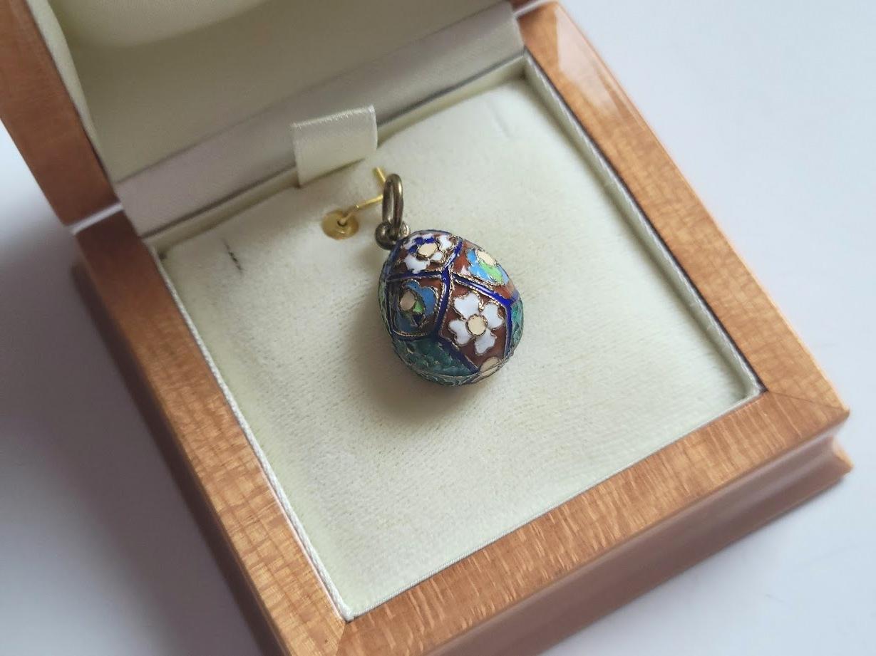 Imperial Russian Cloisonne Enamel Egg Pendant, Workmaster Ruch Feodor Andreevich 2