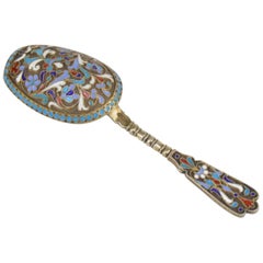 Antique Imperial Russian Cloisonné Enamel & Gilt Silver Caddy Spoon, Moscow 19th Century