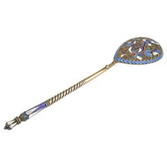 Antique Imperial Russian Cloisonné Enamel & Gilt Silver Caddy Spoon, Moscow 19th Century
