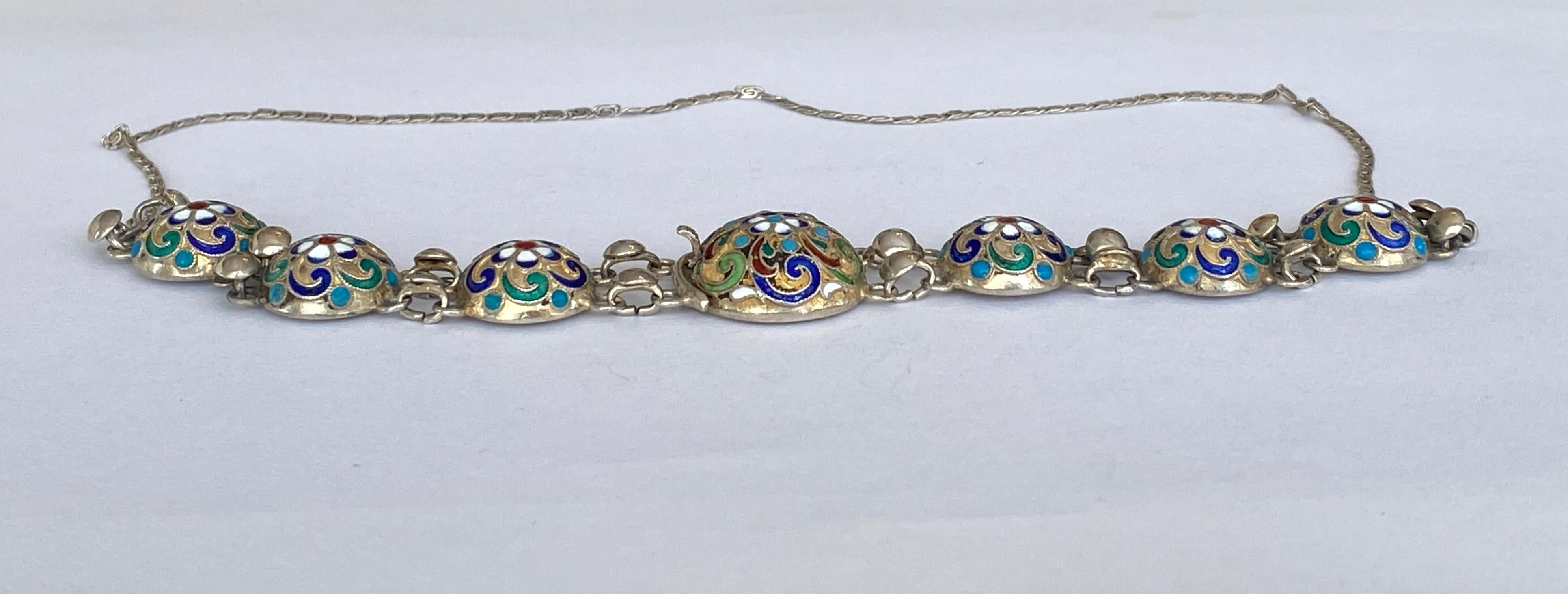Imperial Russian Cloisonne Enamel Silver Necklace, Workmaster Alexander Dalman 6