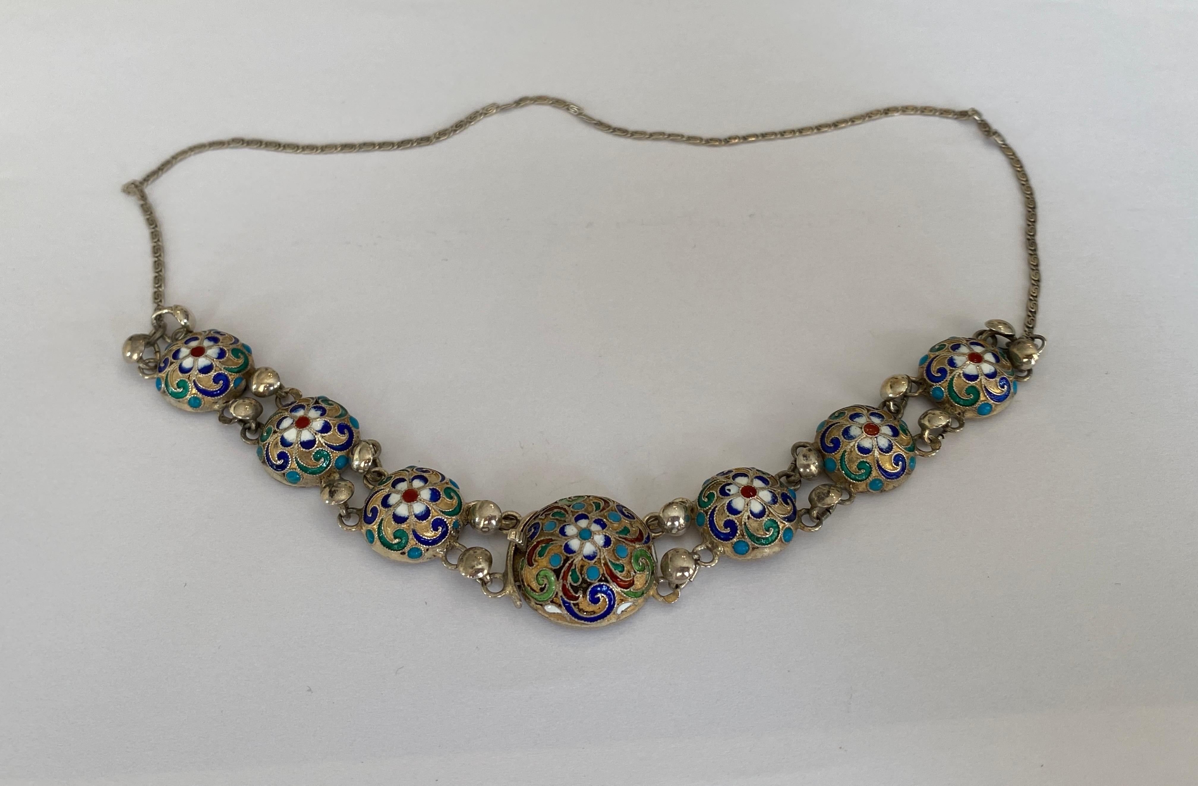 Imperial Russian Cloisonne Enamel Silver Necklace, Workmaster Alexander Dalman 7