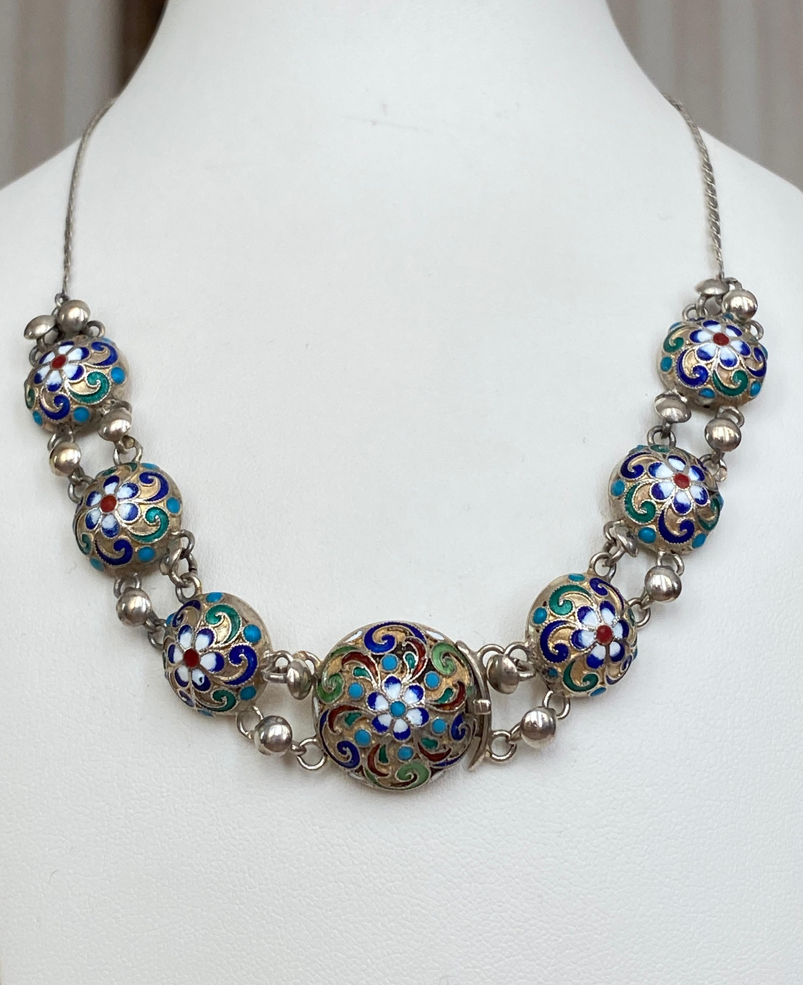 Offered a magnificent antique item from the Imperial Russia of the period 1880-1905 a collier  made of unique cloisonné enamel  in the old Russian style. The author of this masterpiece is the famous master of silversmiths, Alexander Karlovich