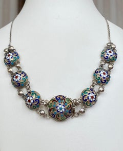 Imperial Russian Cloisonne Enamel Silver Necklace, Workmaster Alexander Dalman