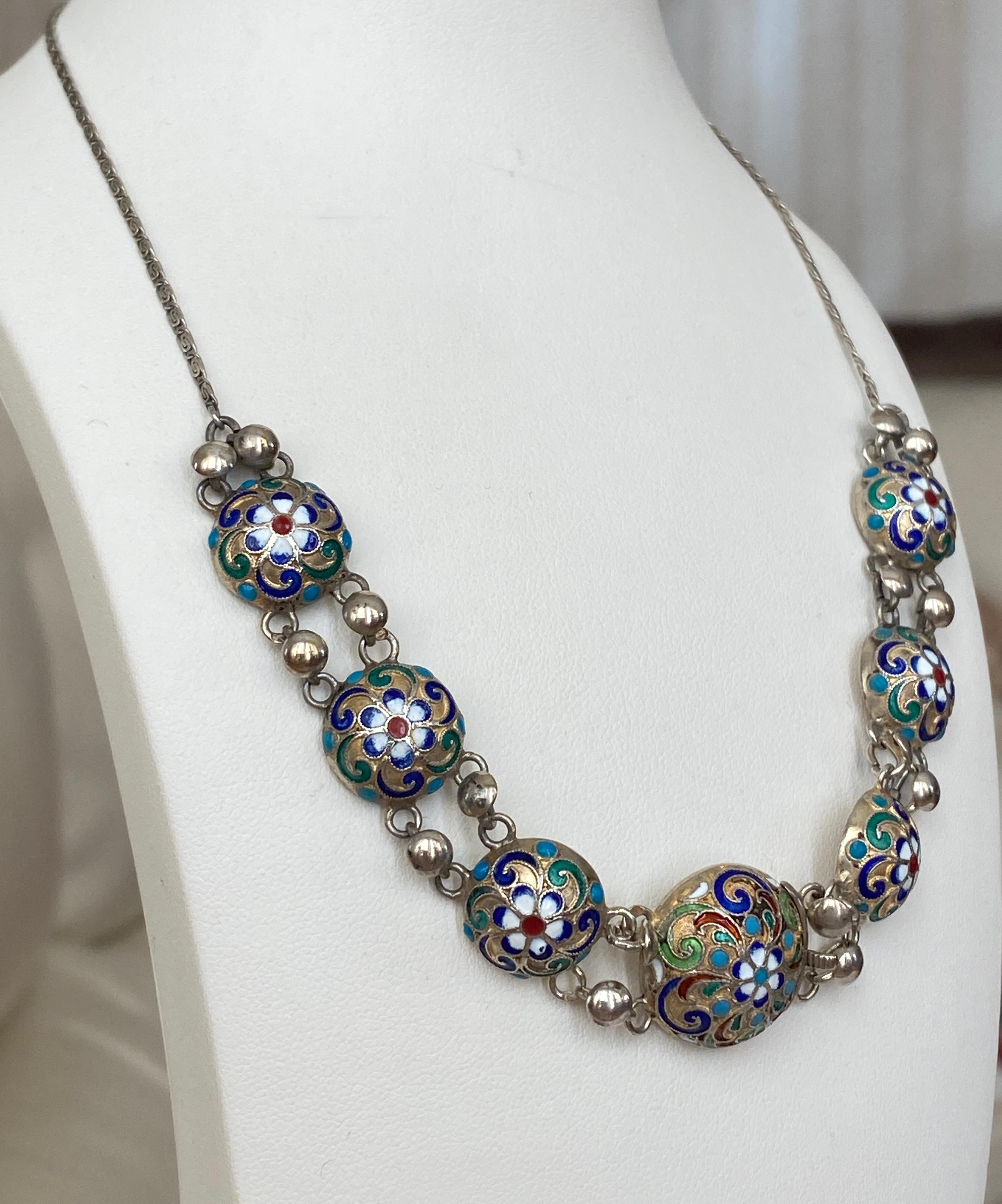 Russian Empire Imperial Russian Cloisonne Enamel Silver Necklace, Workmaster Alexander Dalman
