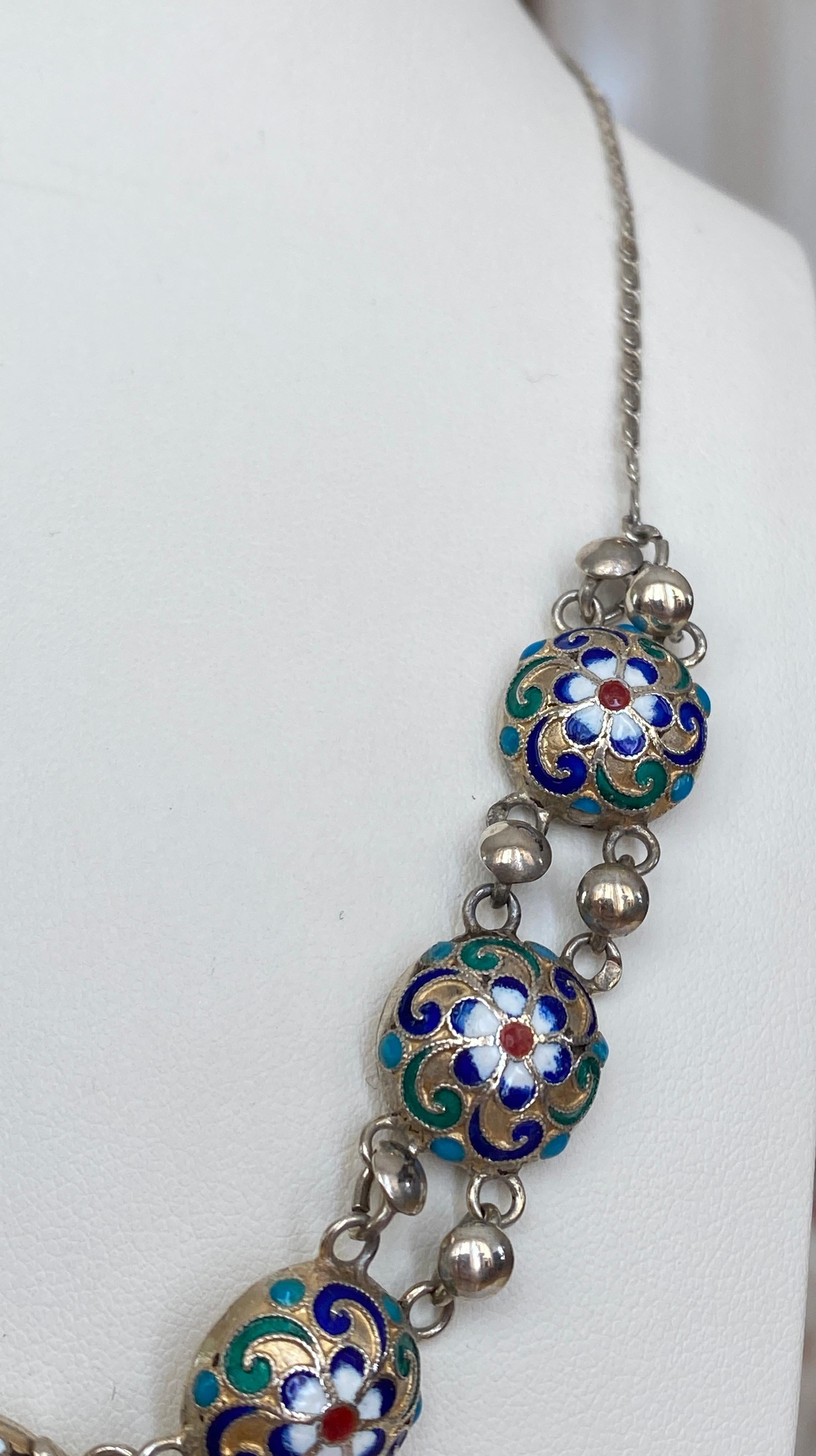 Imperial Russian Cloisonne Enamel Silver Necklace, Workmaster Alexander Dalman 1