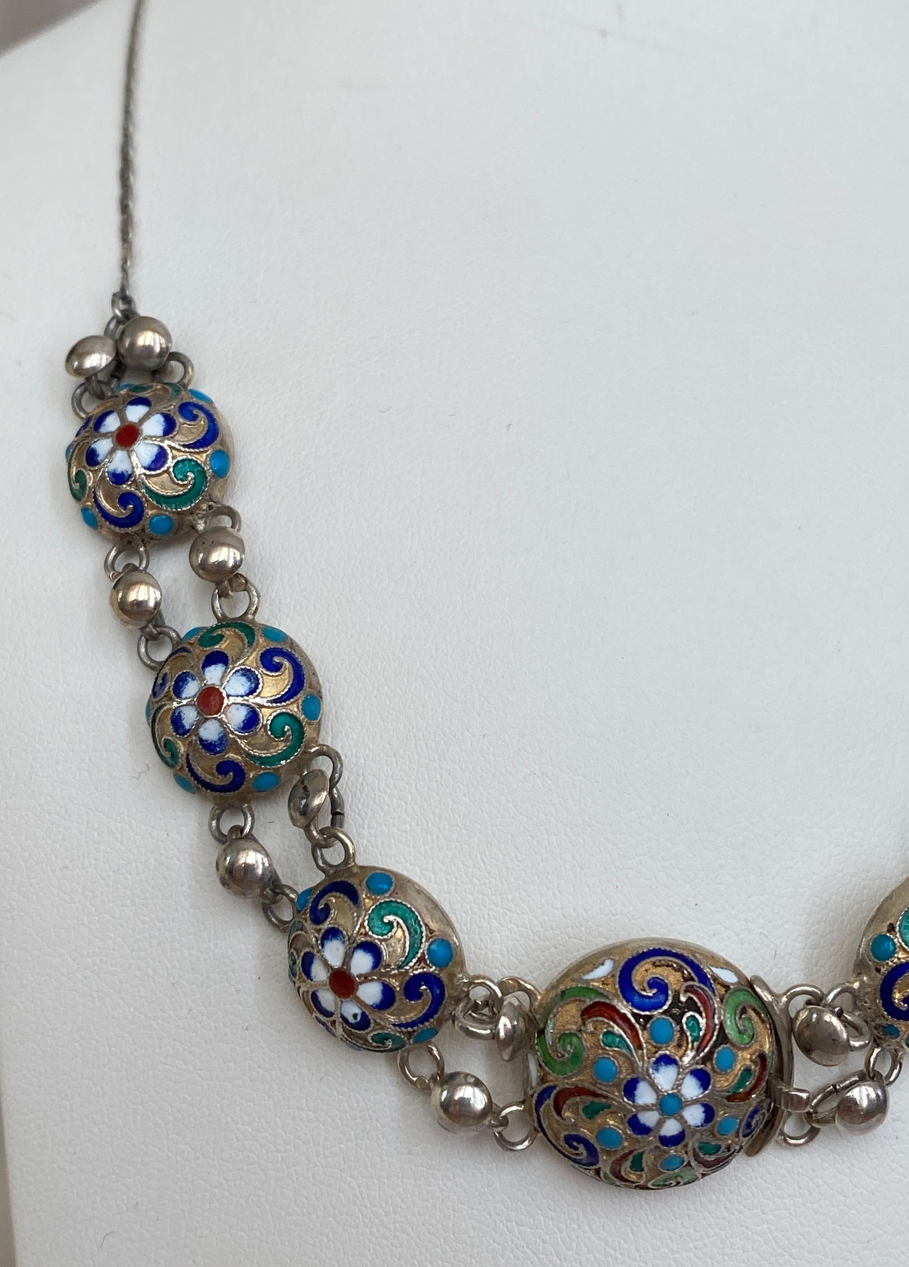 Imperial Russian Cloisonne Enamel Silver Necklace, Workmaster Alexander Dalman 2