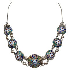 Imperial Russian Cloisonne Enamel Silver Necklace, Workmaster Alexander Dalman