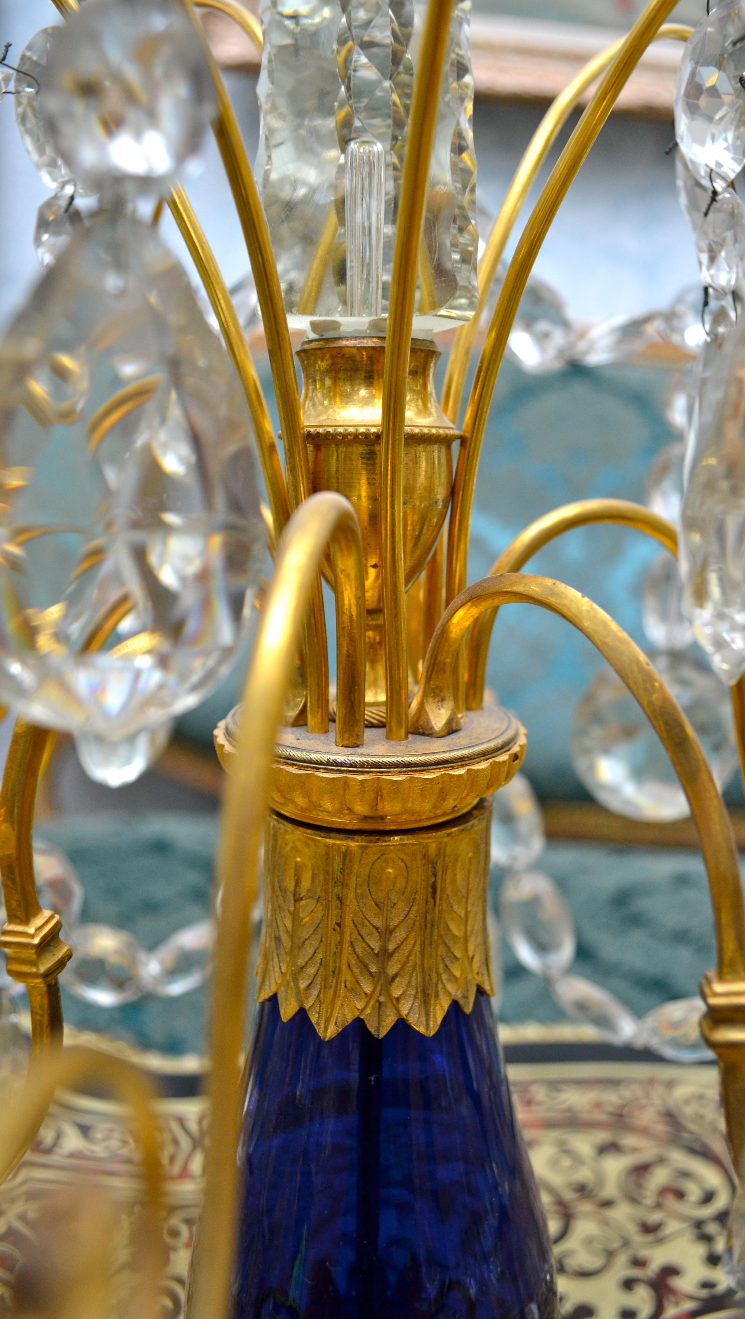 Imperial Russian Crystal Cobalt Blue Glass and Gilt Bronze Girandoles Tsar Era For Sale 1