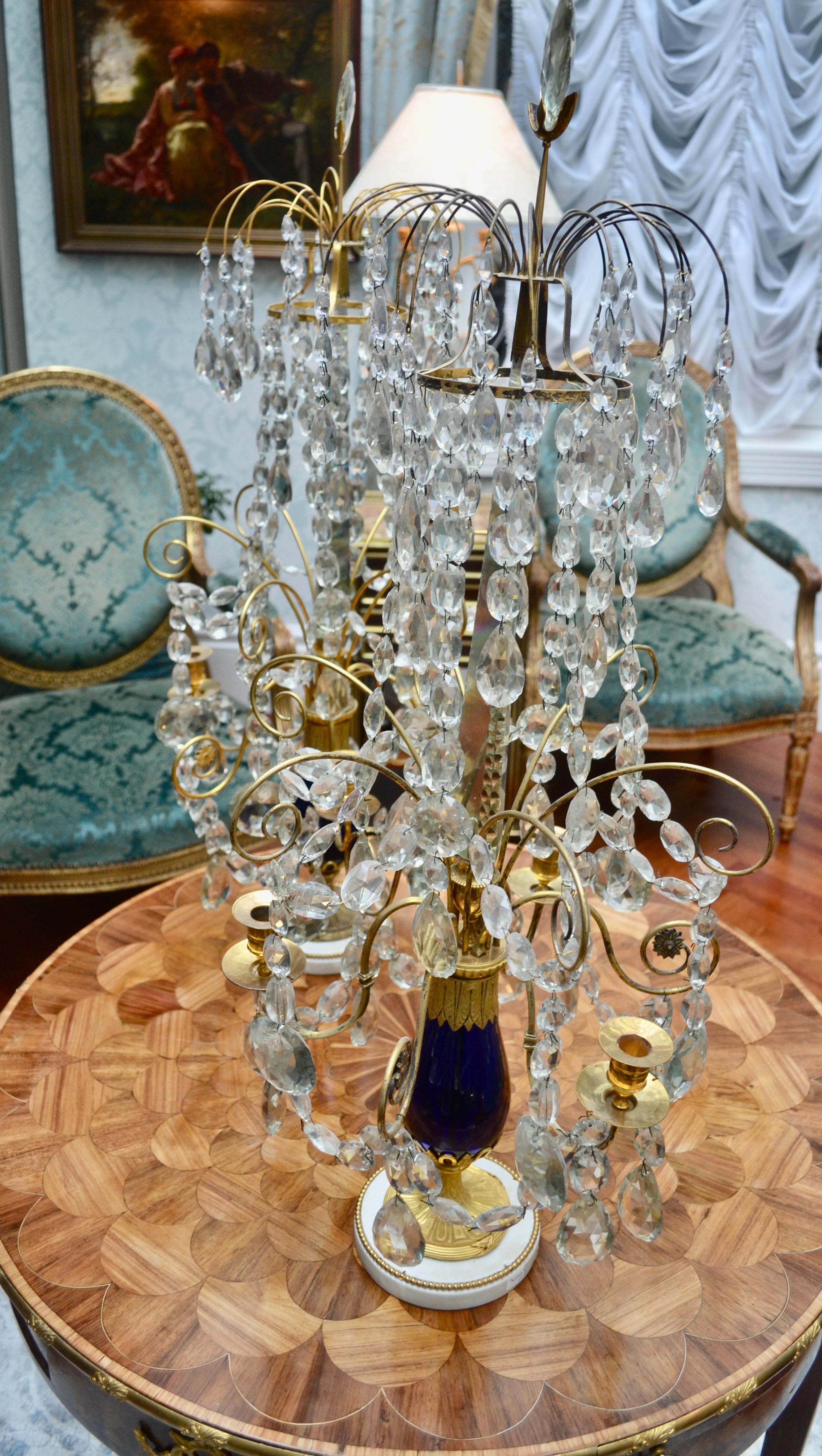 Imperial Russian Crystal Cobalt Blue Glass and Gilt Bronze Girandoles Tsar Era For Sale 2