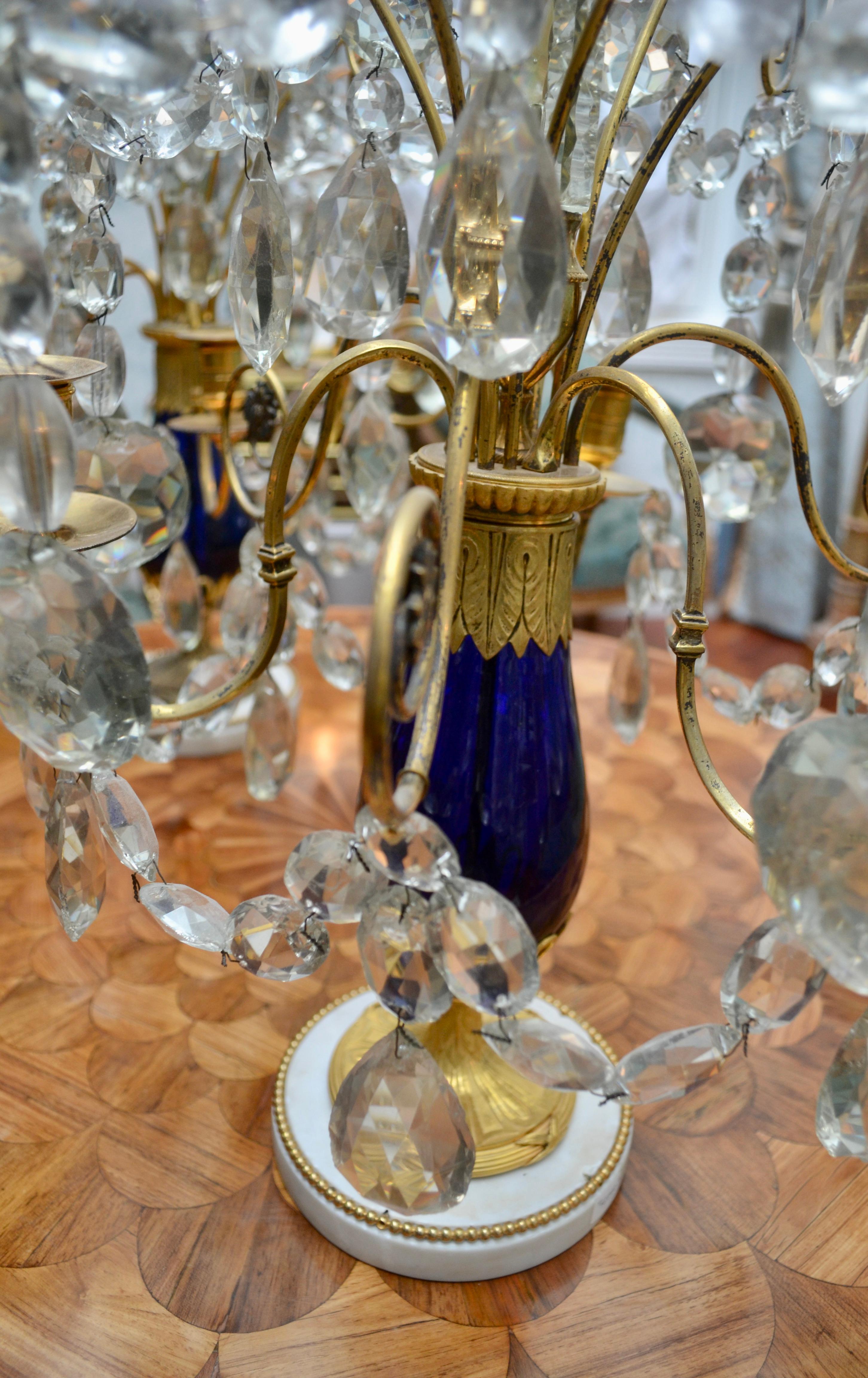 Imperial Russian Crystal Cobalt Blue Glass and Gilt Bronze Girandoles Tsar Era For Sale 3