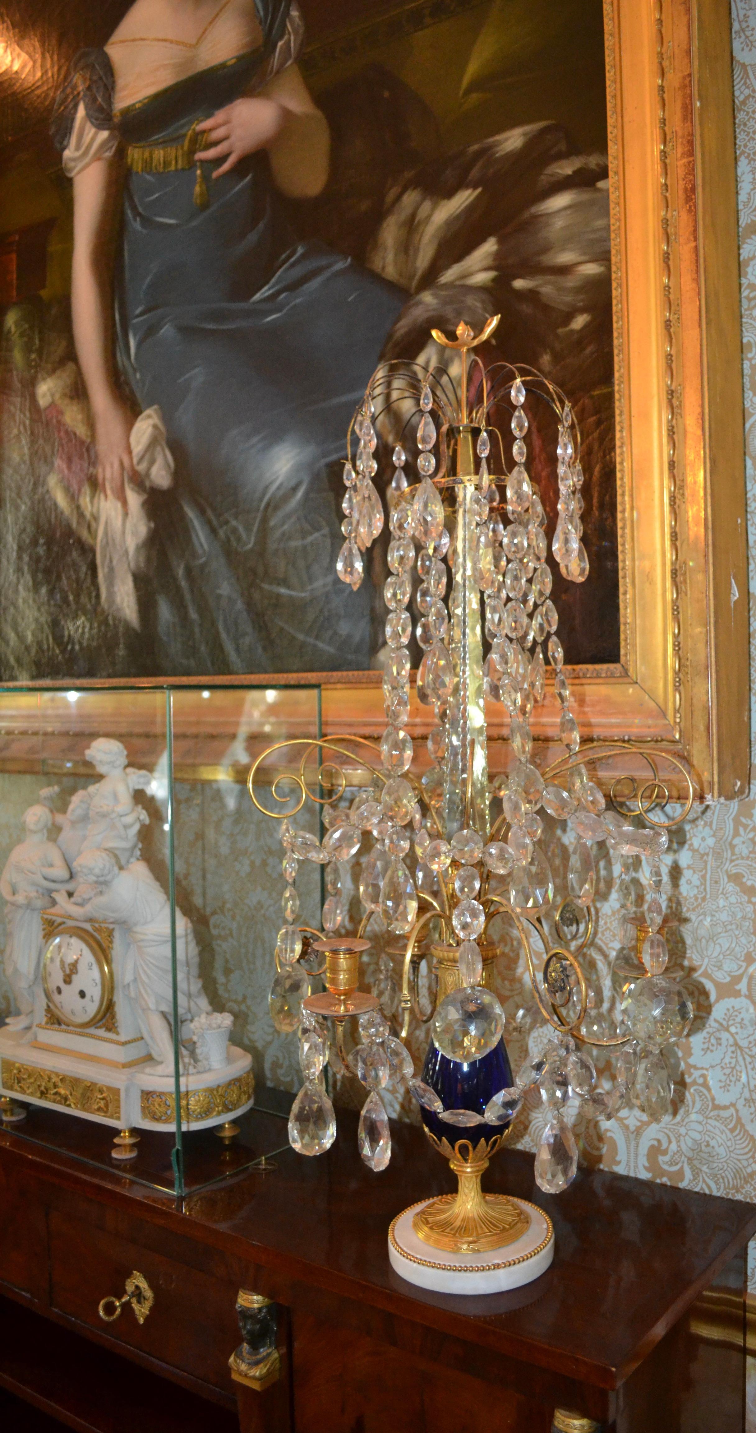 Imperial Russian Crystal Cobalt Blue Glass and Gilt Bronze Girandoles Tsar Era For Sale 11