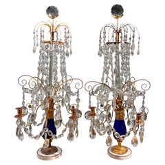 Imperial Russian Crystal Cobalt Blue Glass and Gilt Bronze Girandoles Tsar Era