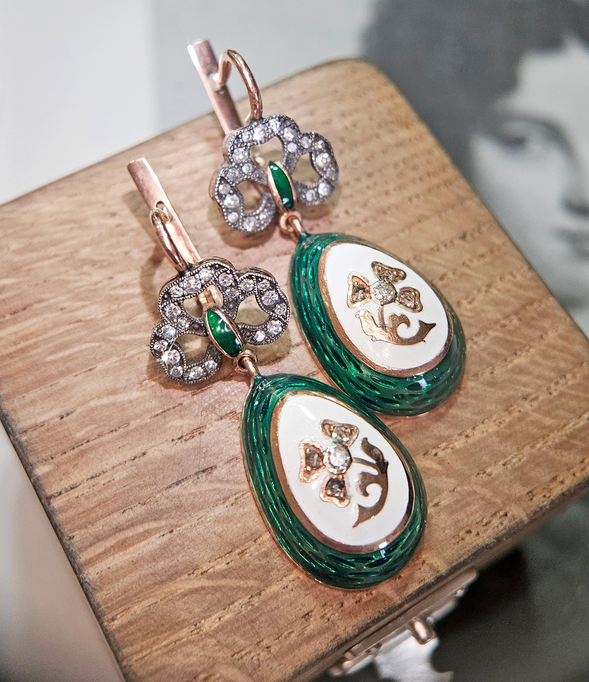 IMPERIAL RUSSIAN Faberge Diamond Green Guilloche Enamel 14k RG Egg Drop Earrings For Sale 4