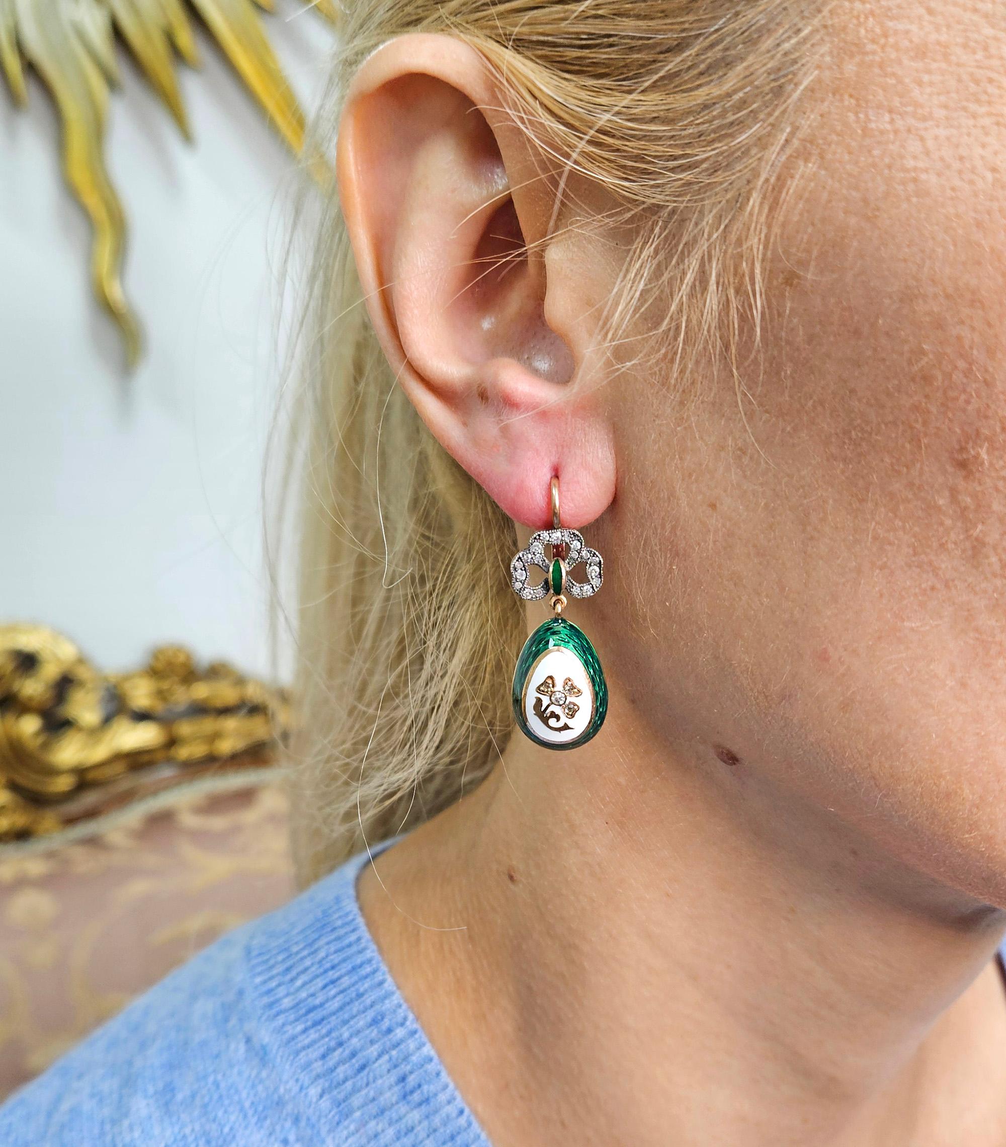 IMPERIAL RUSSIAN Faberge Diamond Green Guilloche Enamel 14k RG Egg Drop Earrings For Sale 5