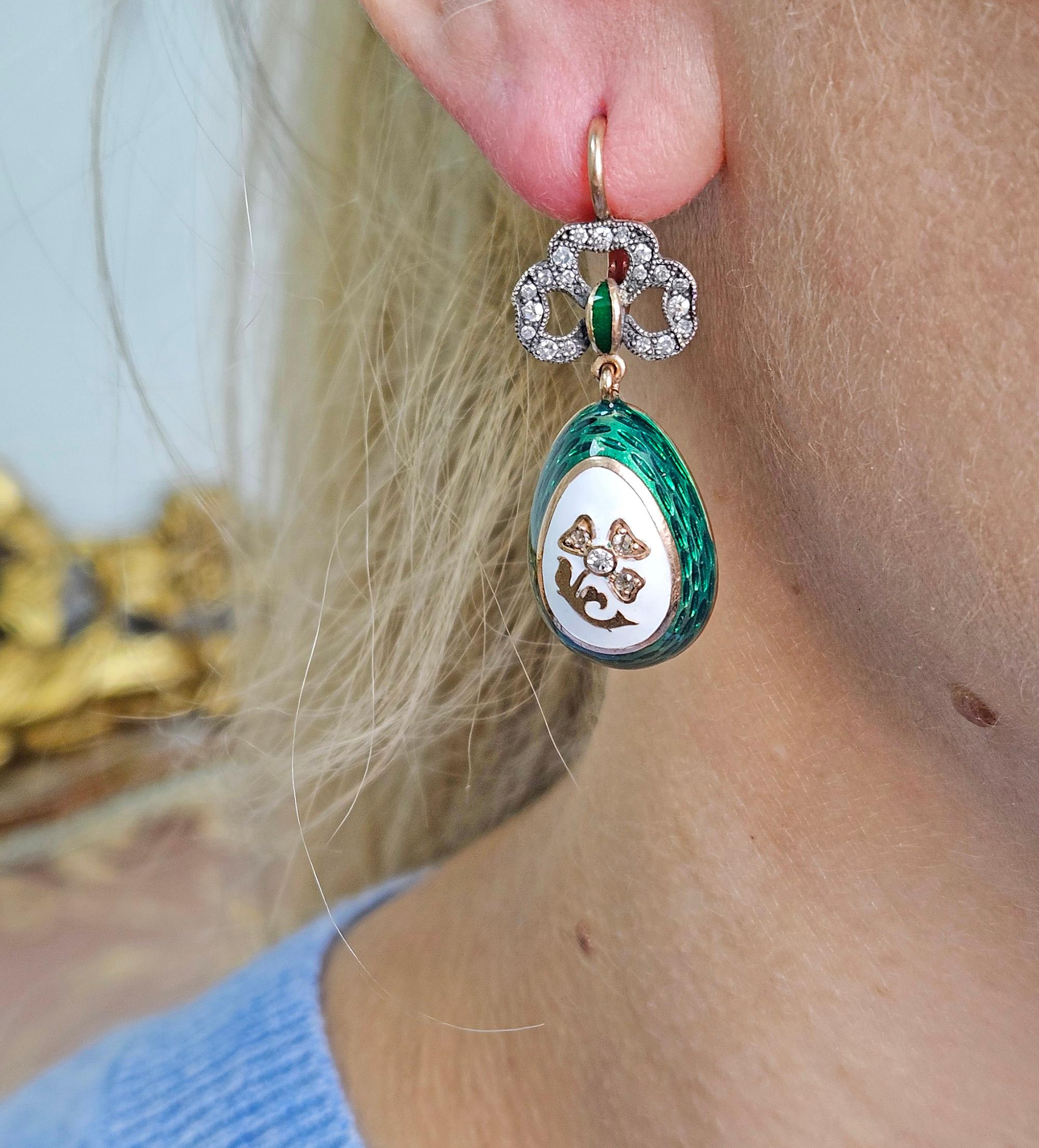 IMPERIAL RUSSIAN Faberge Diamond Green Guilloche Enamel 14k RG Egg Drop Earrings For Sale 6