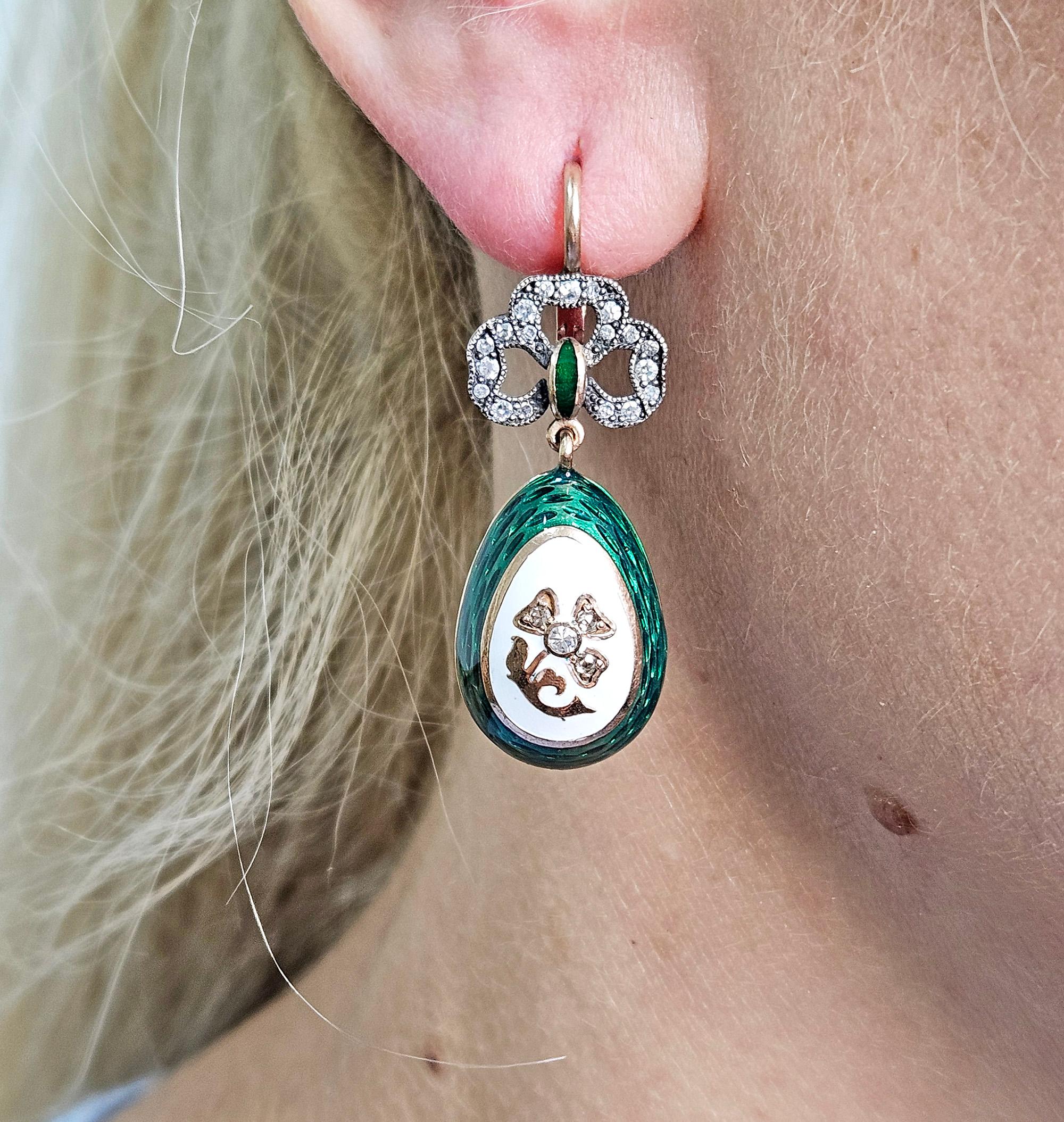 IMPERIAL RUSSIAN Faberge Diamond Green Guilloche Enamel 14k RG Egg Drop Earrings For Sale 7