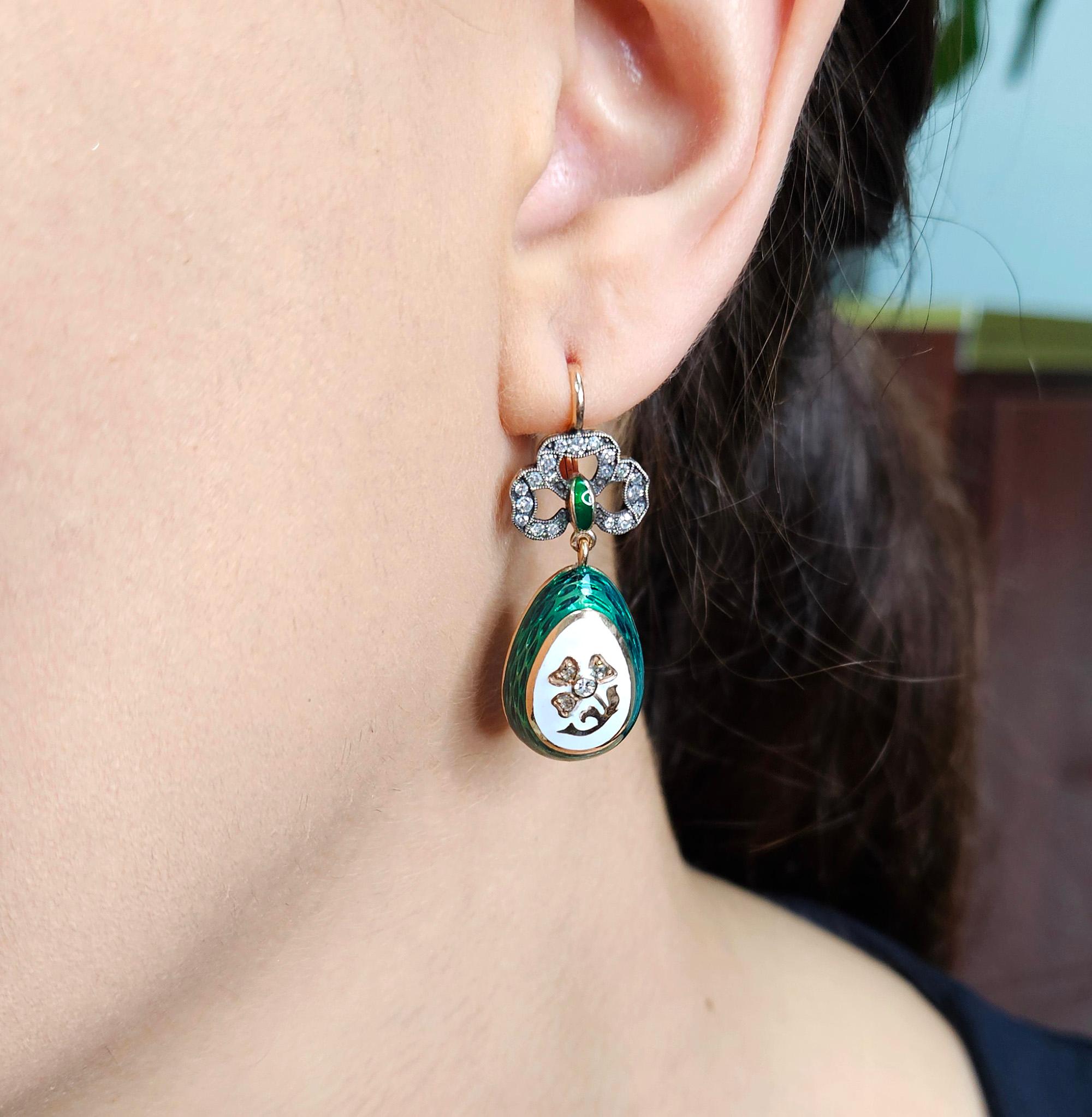 IMPERIAL RUSSIAN Faberge Diamond Green Guilloche Enamel 14k RG Egg Drop Earrings For Sale 8