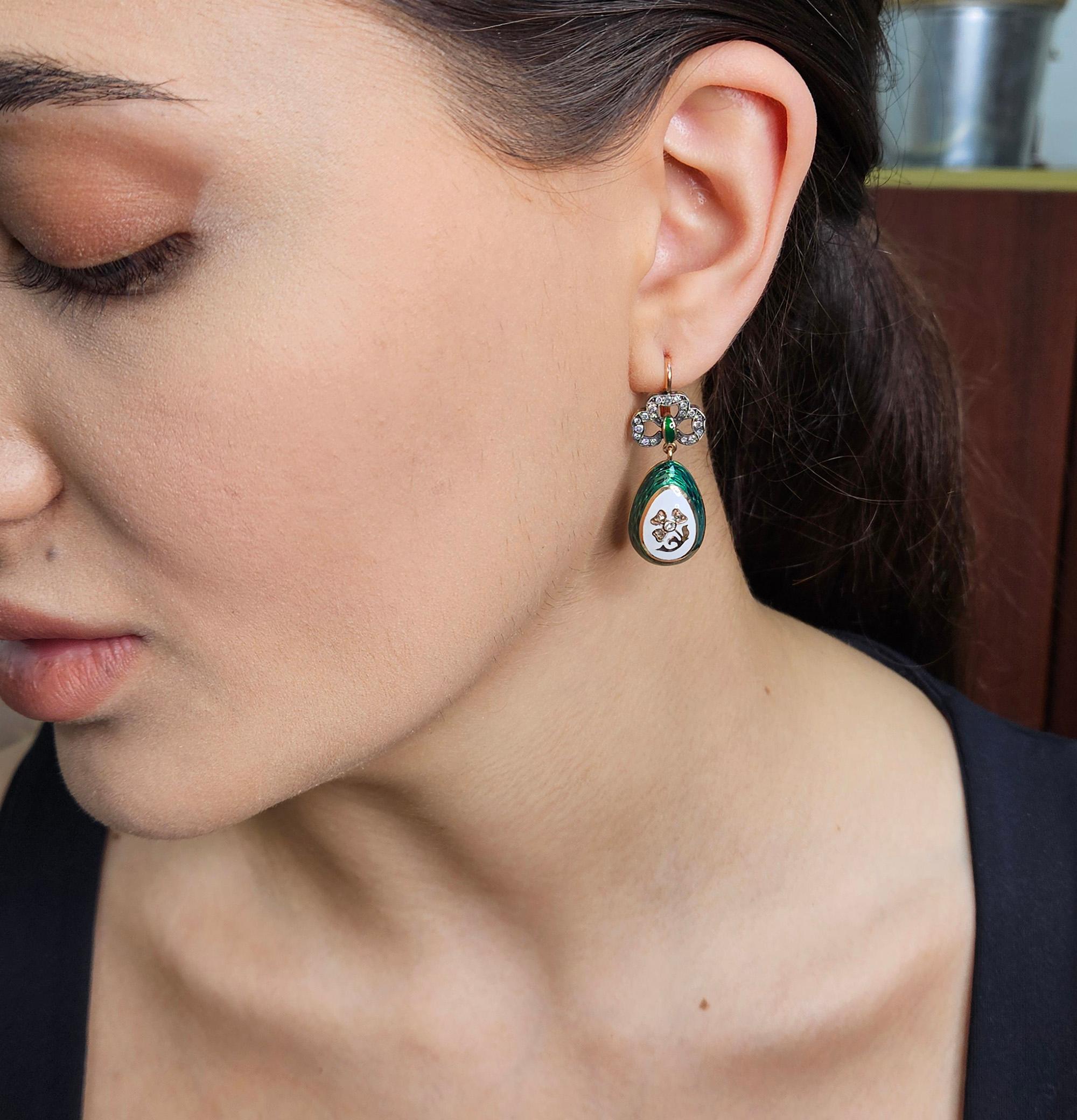 IMPERIAL RUSSIAN Faberge Diamond Green Guilloche Enamel 14k RG Egg Drop Earrings For Sale 9