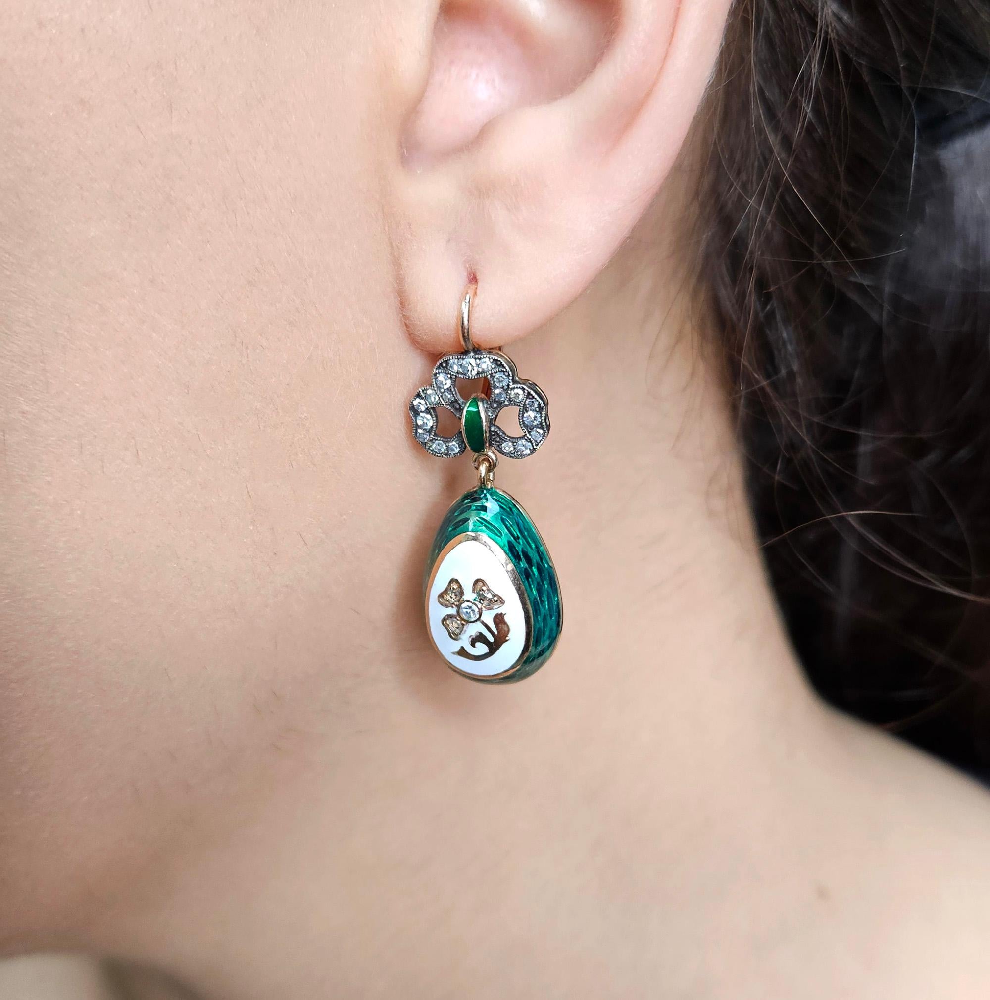 IMPERIAL RUSSIAN Faberge Diamond Green Guilloche Enamel 14k RG Egg Drop Earrings For Sale 10