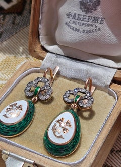 IMPERIAL RUSSIAN Faberge Diamond Green Guilloche Enamel 14k RG Egg Drop Earrings