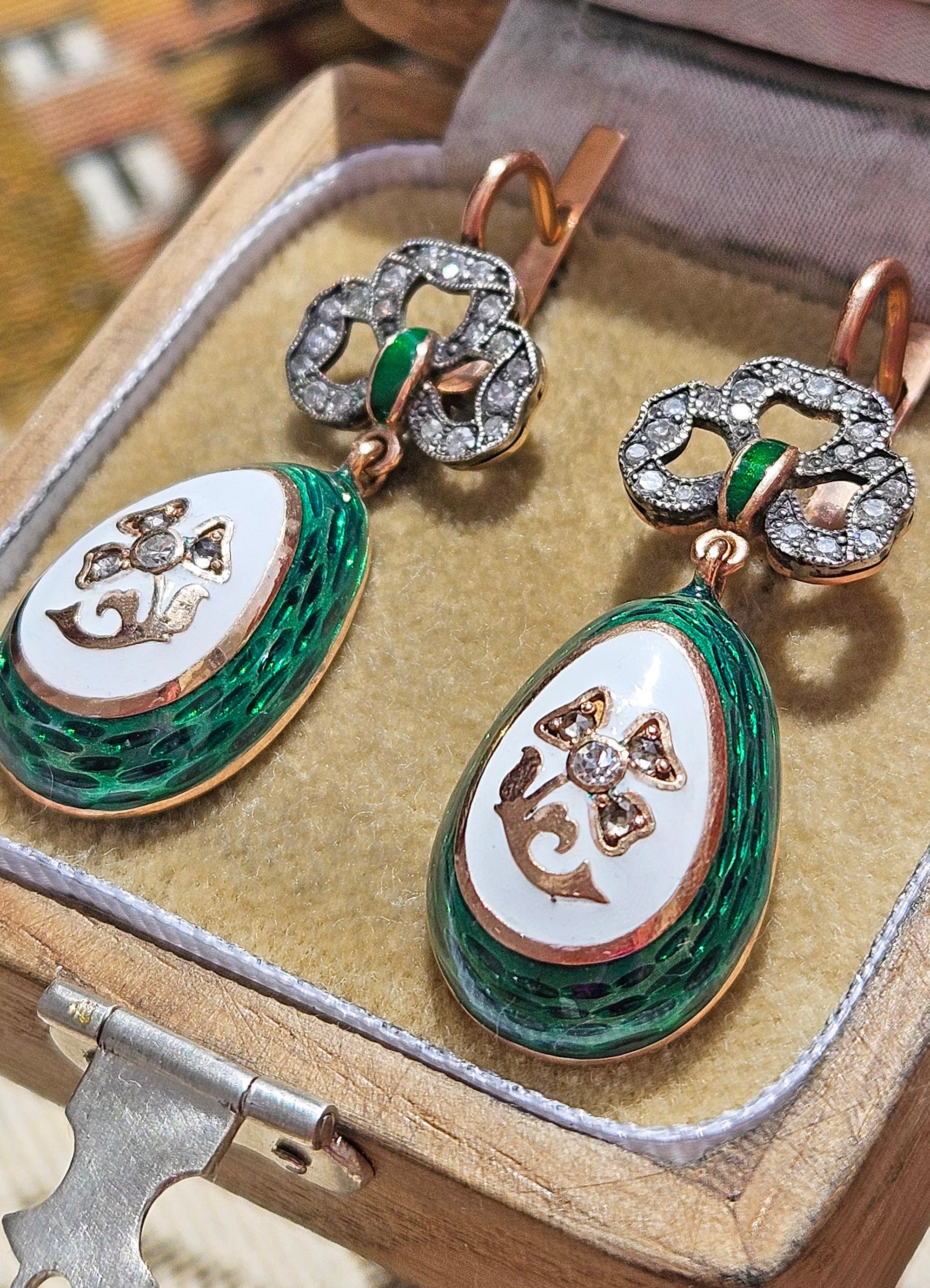 Russian Empire IMPERIAL RUSSIAN Faberge Diamond Green Guilloche Enamel 14k RG Egg Drop Earrings For Sale
