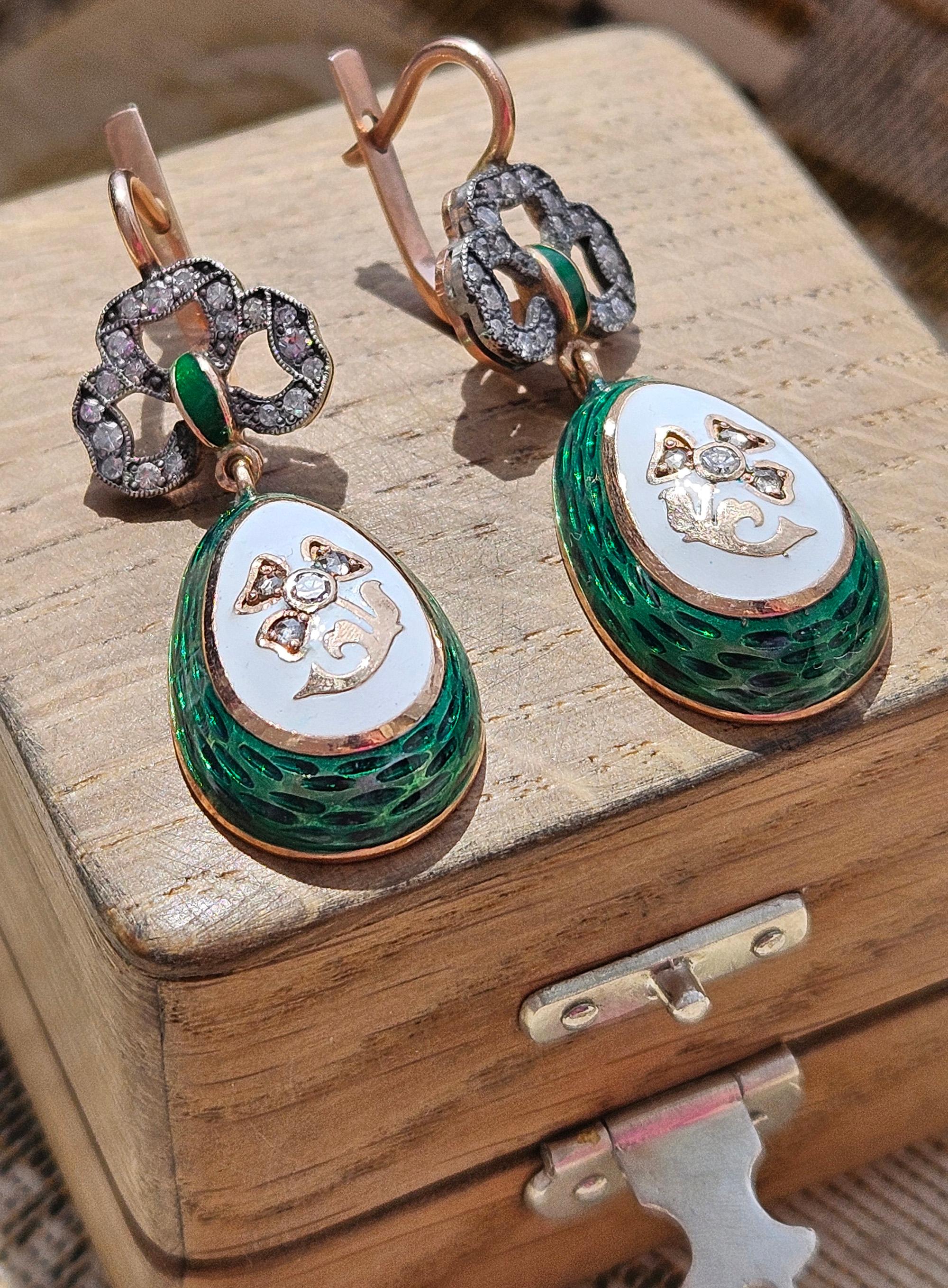 Rough Cut IMPERIAL RUSSIAN Faberge Diamond Green Guilloche Enamel 14k RG Egg Drop Earrings For Sale