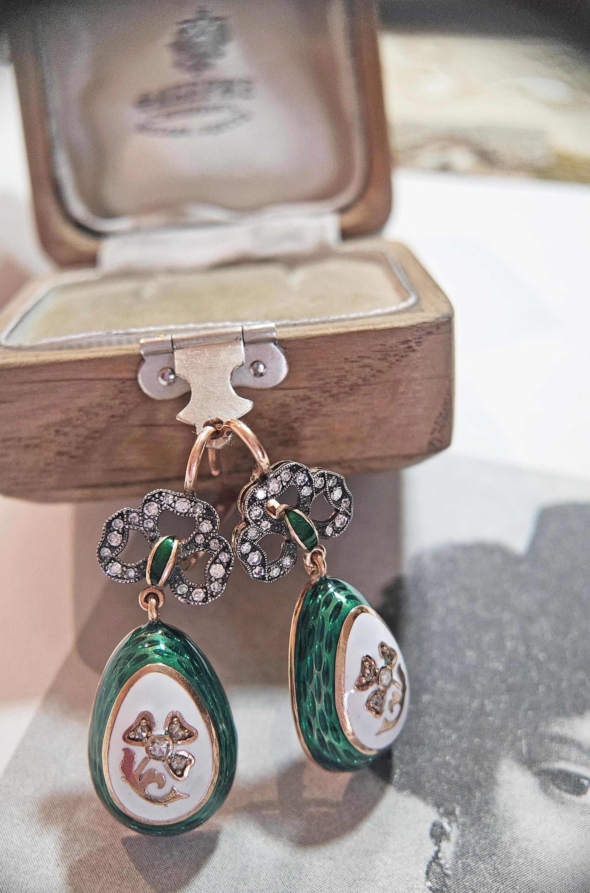 Women's IMPERIAL RUSSIAN Faberge Diamond Green Guilloche Enamel 14k RG Egg Drop Earrings For Sale