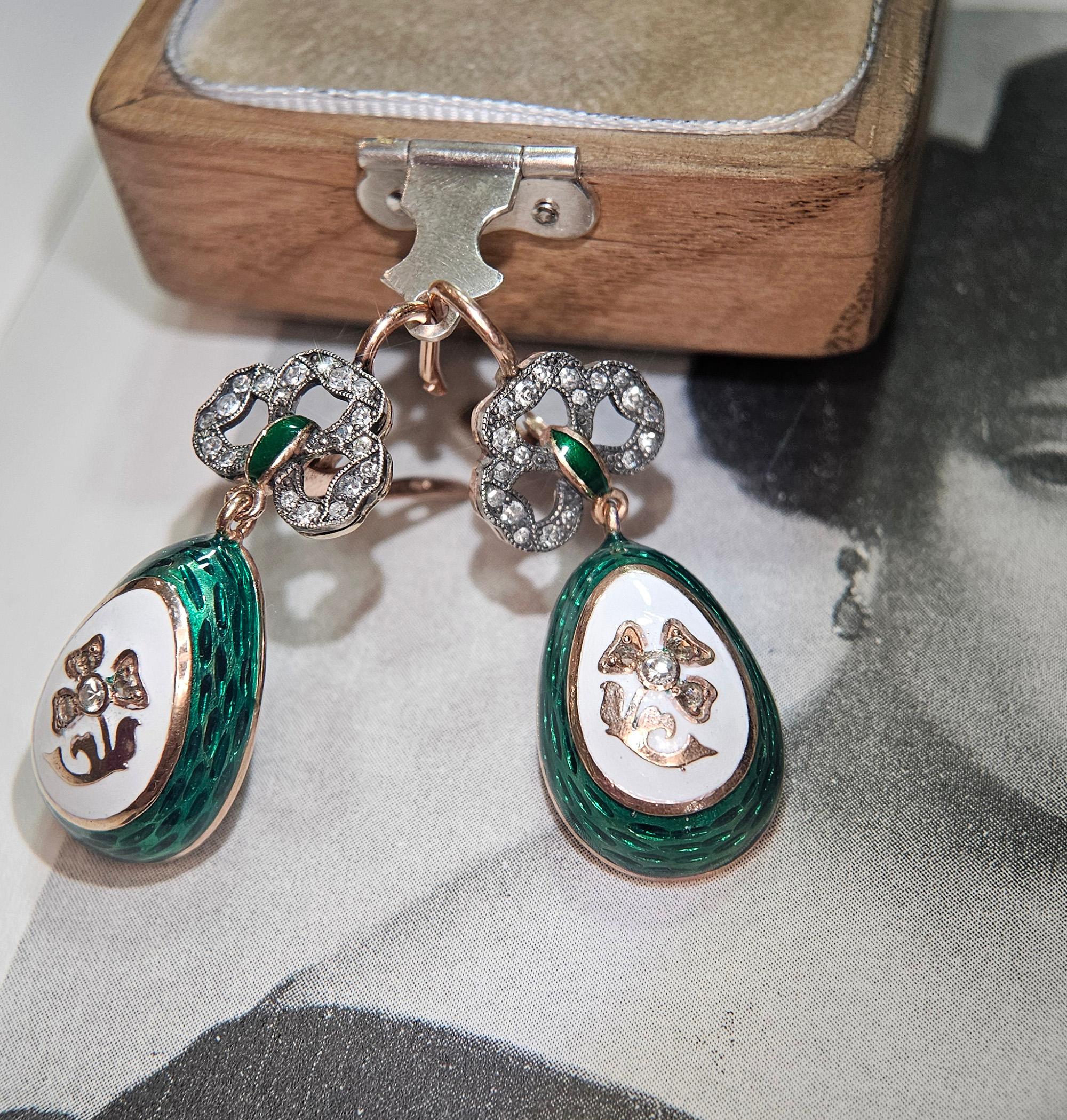 IMPERIAL RUSSIAN Faberge Diamond Green Guilloche Enamel 14k RG Egg Drop Earrings For Sale 1