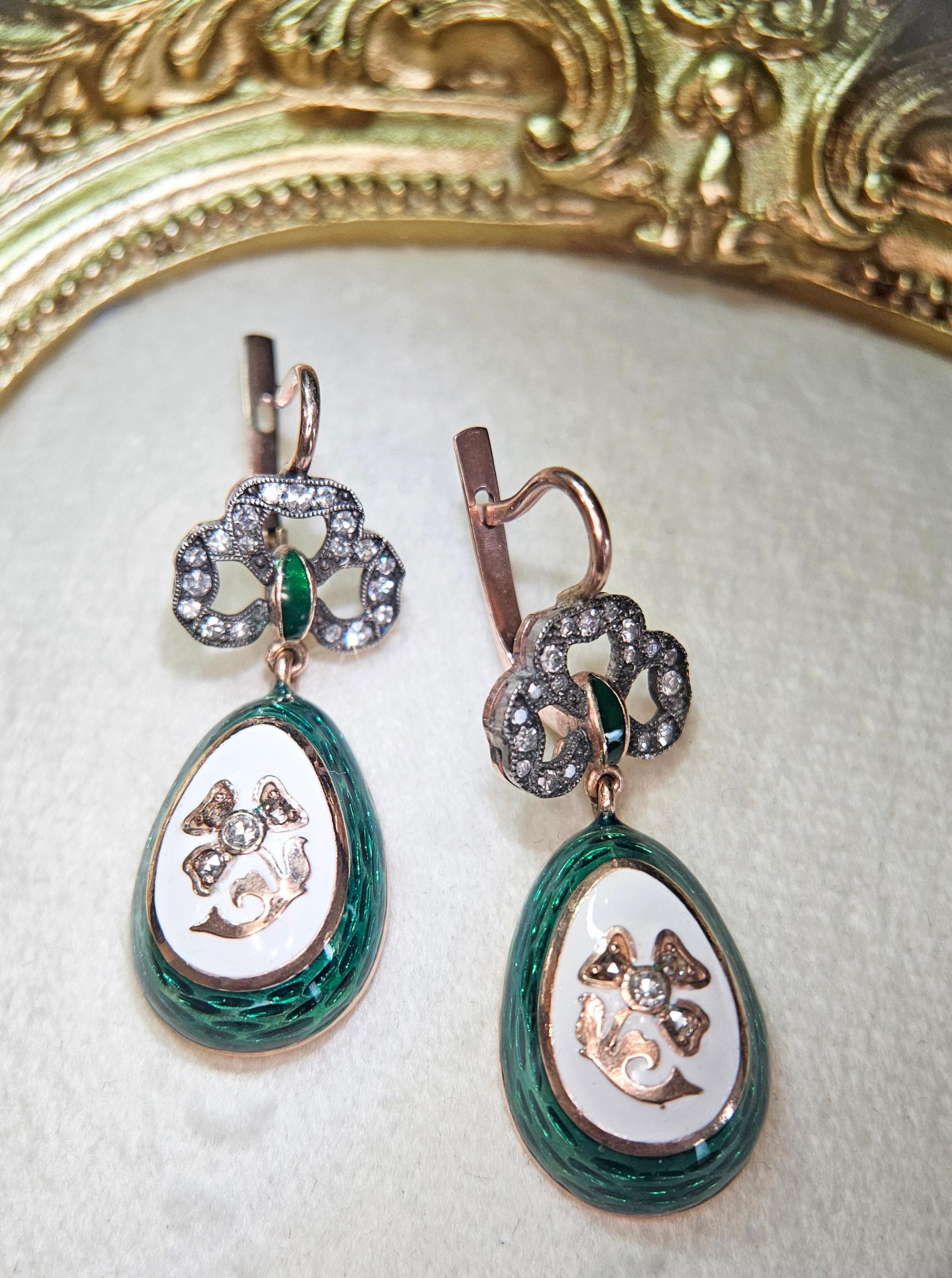 IMPERIAL RUSSIAN Faberge Diamond Green Guilloche Enamel 14k RG Egg Drop Earrings For Sale 2