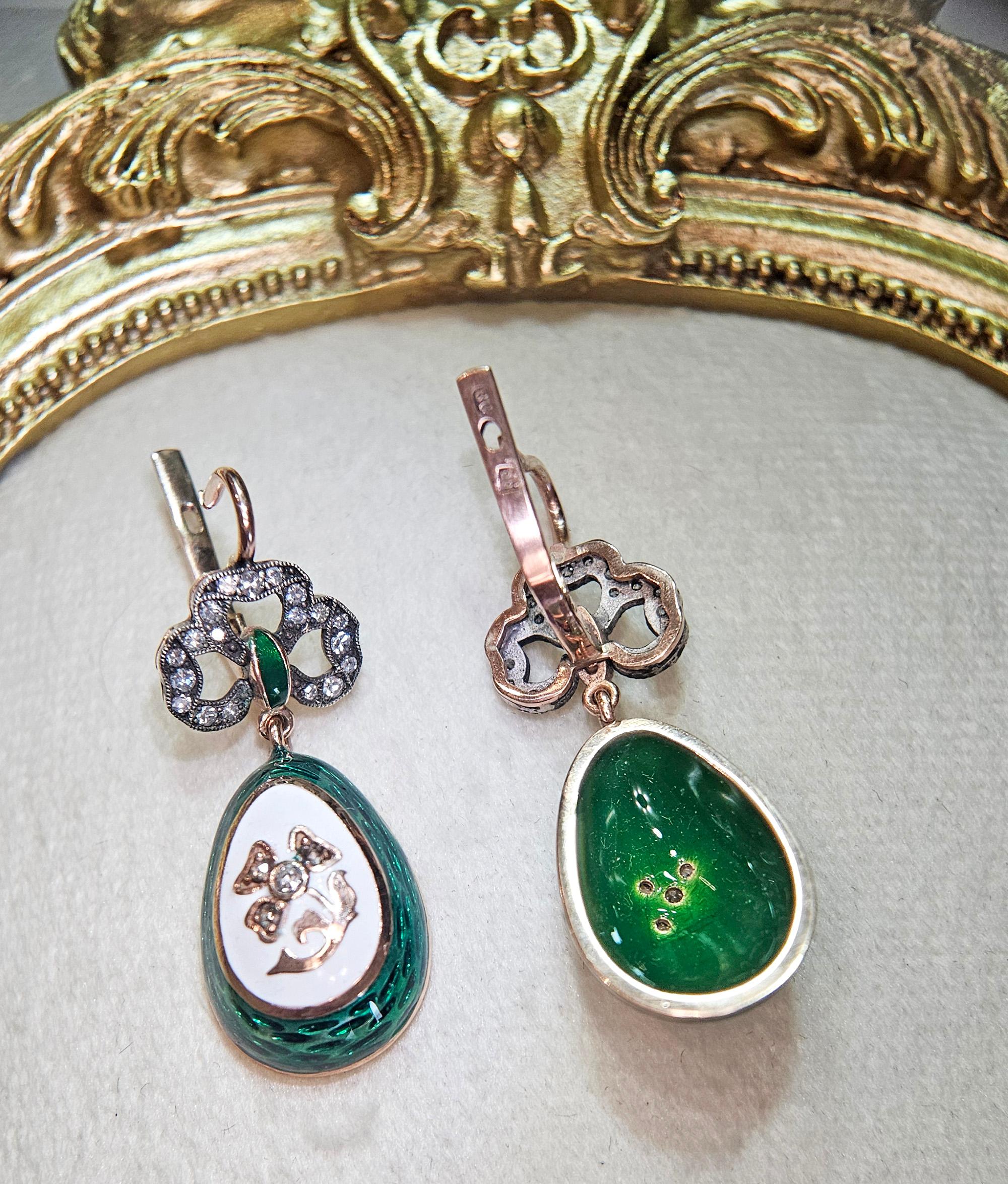 IMPERIAL RUSSIAN Faberge Diamond Green Guilloche Enamel 14k RG Egg Drop Earrings For Sale 3